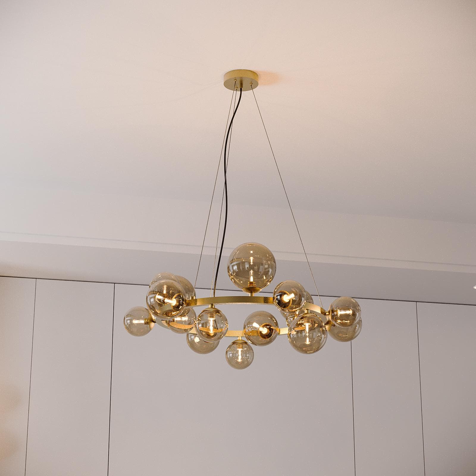 Set con lampada sospesa rotonda 82 cm e 2 applique in metallo oro e diffusore champagne