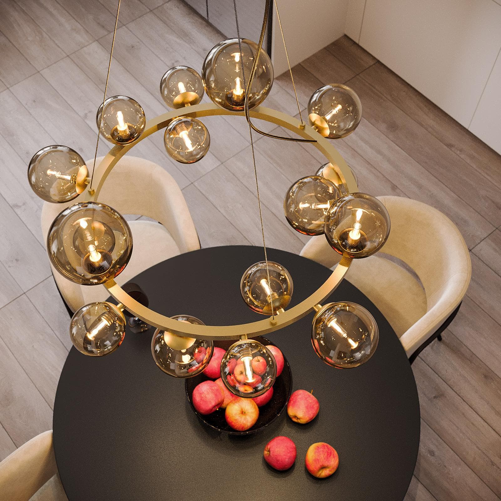 Set con lampada sospesa rotonda 82 cm e 2 applique in metallo oro e diffusore champagne