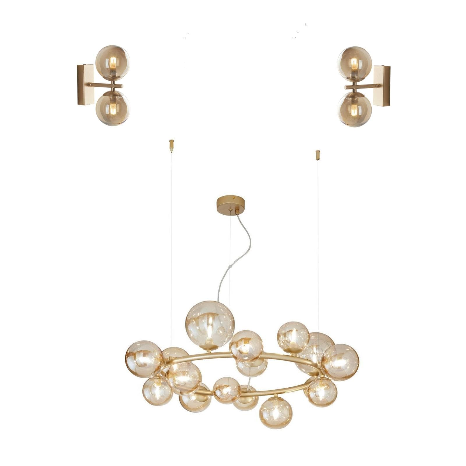 Set con lampada sospesa rotonda 82 cm e 2 applique in metallo oro e diffusore champagne
