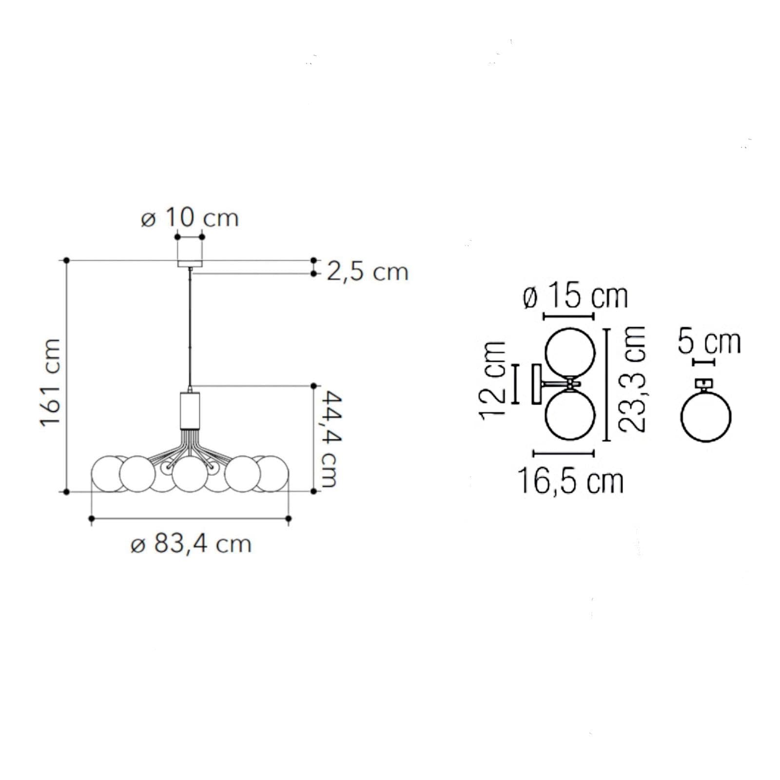Set con lampada sospesa rotonda 83 cm e 2 applique in metallo nero e diffusore fumé