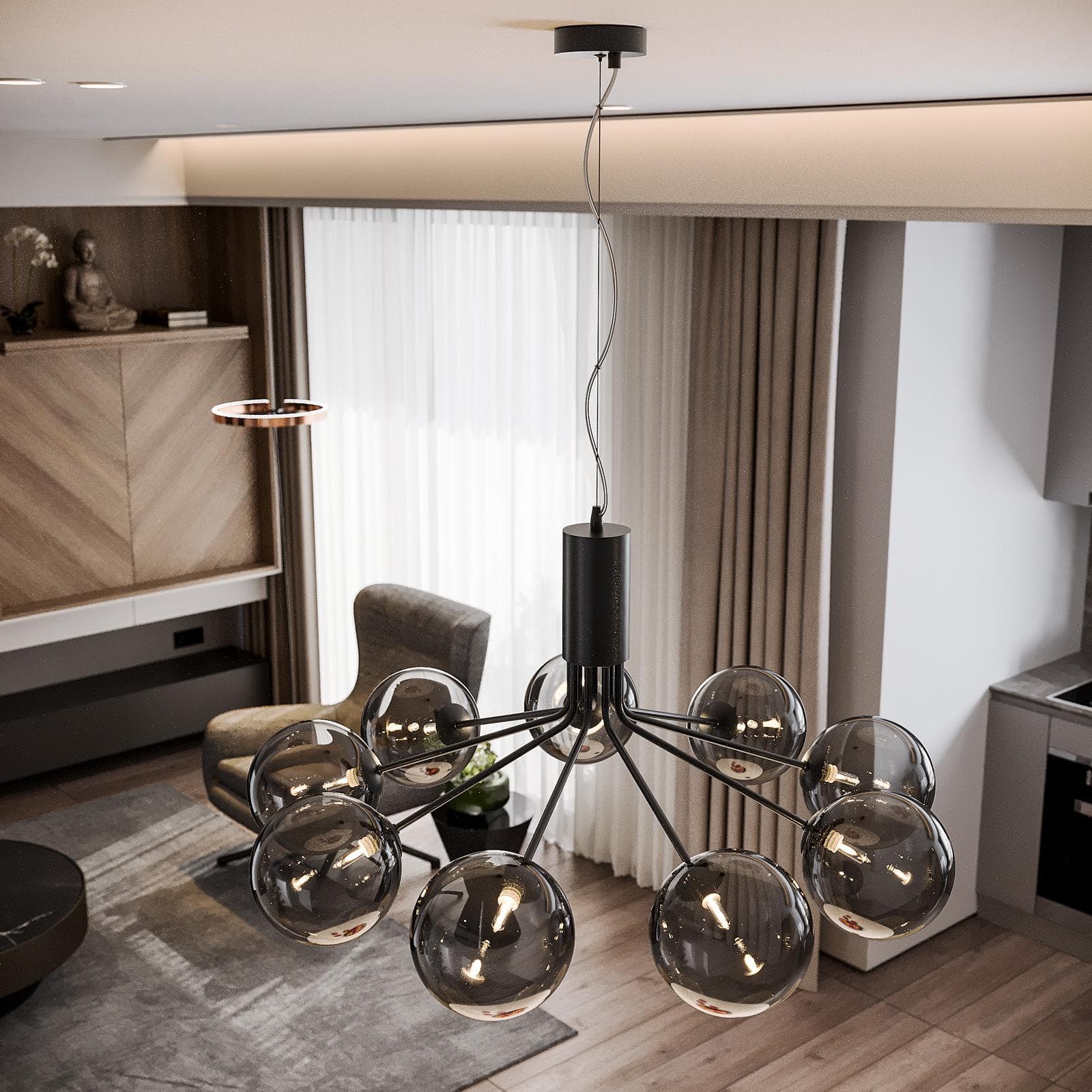 Set con lampada sospesa rotonda 83 cm e 2 applique in metallo nero e diffusore fumé
