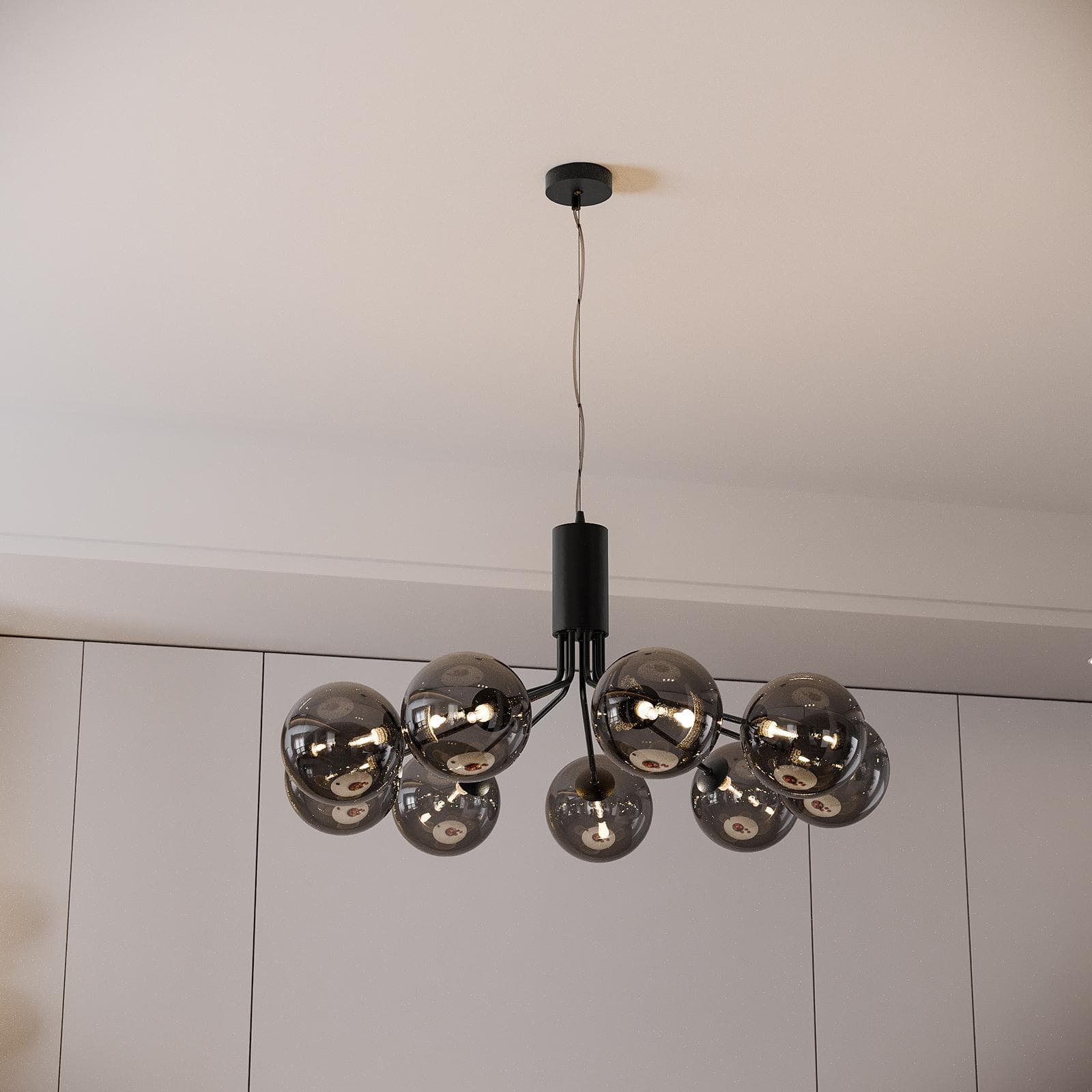 Set con lampada sospesa rotonda 83 cm e 2 applique in metallo nero e diffusore fumé