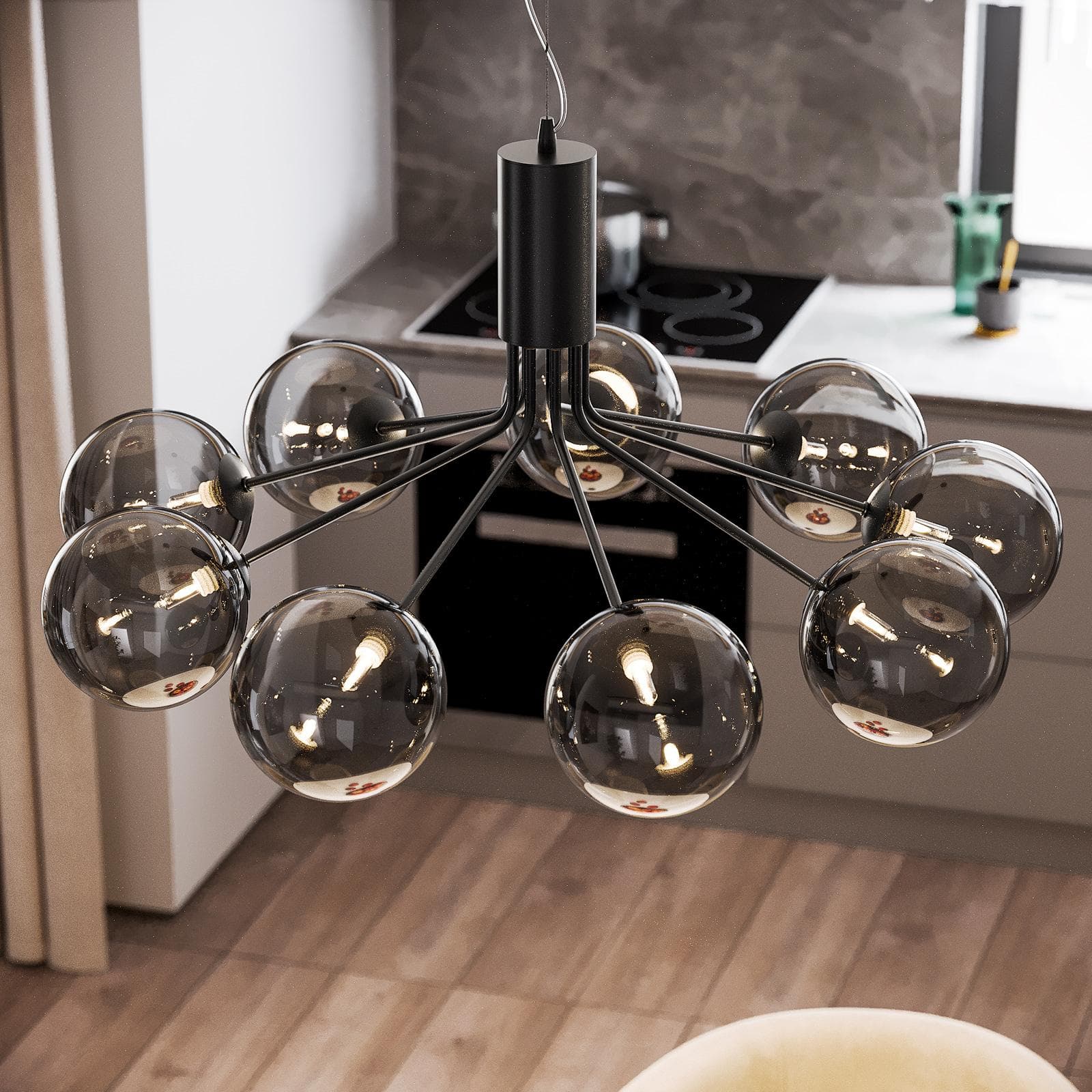 Set con lampada sospesa rotonda 83 cm e 2 applique in metallo nero e diffusore fumé