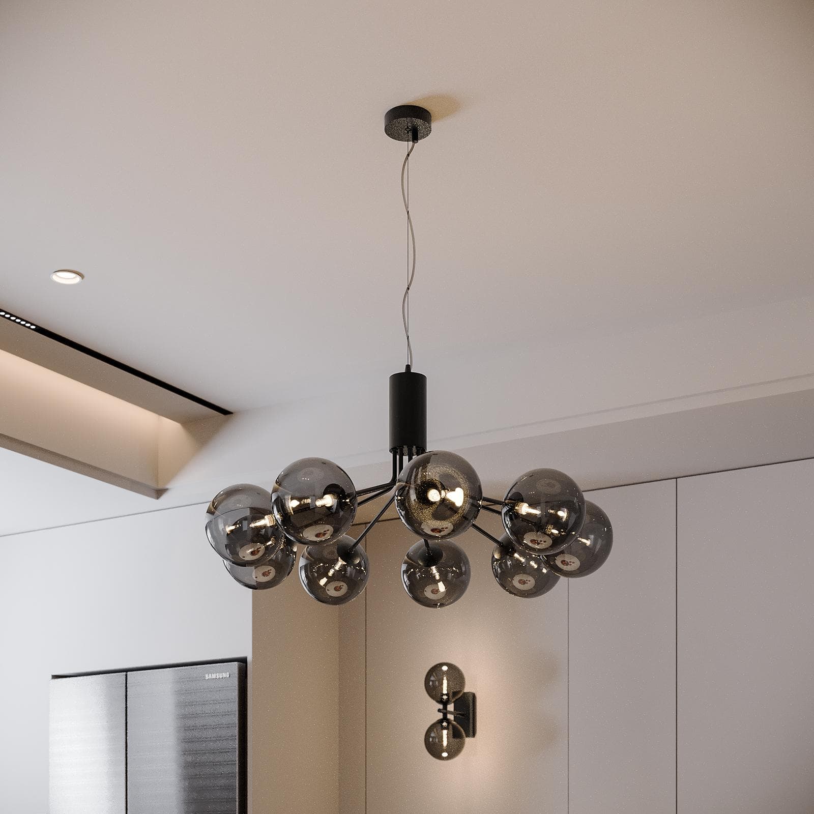 Set con lampada sospesa rotonda 83 cm e 2 applique in metallo nero e diffusore fumé