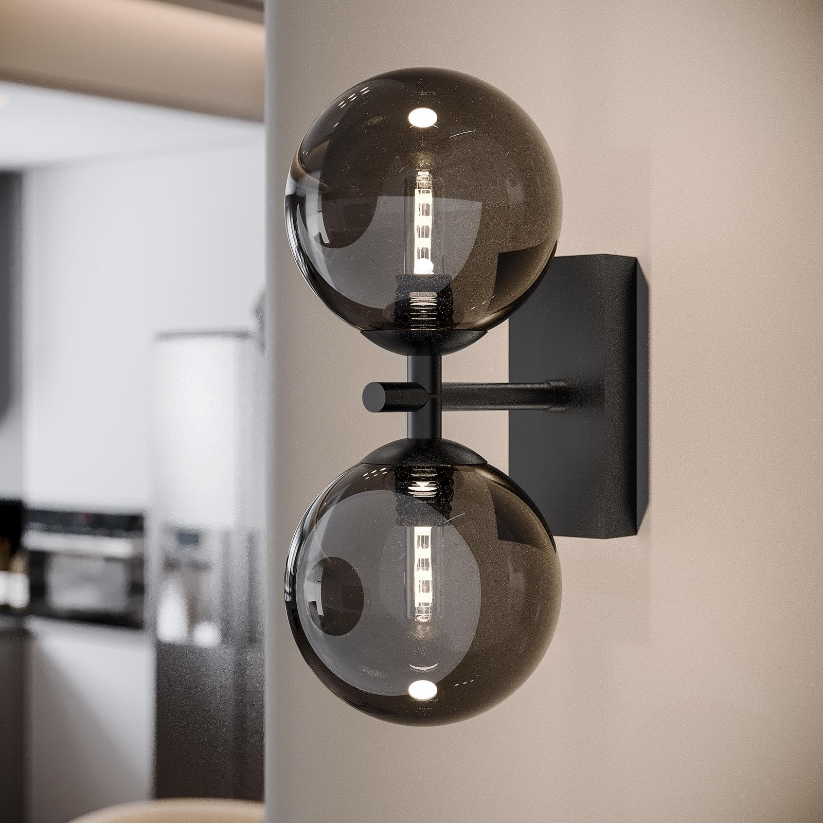 Set con lampada sospesa rotonda 83 cm e 2 applique in metallo nero e diffusore fumé