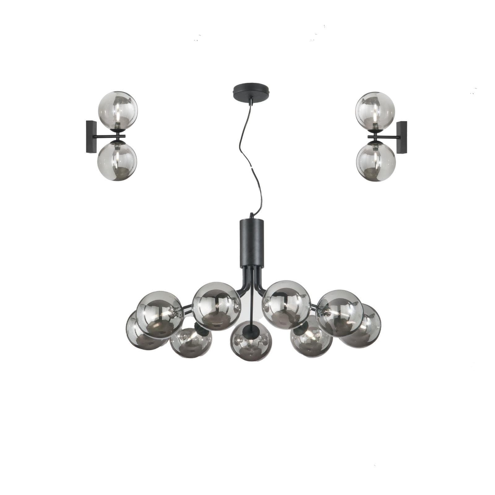 Set con lampada sospesa rotonda 83 cm e 2 applique in metallo nero e diffusore fumé