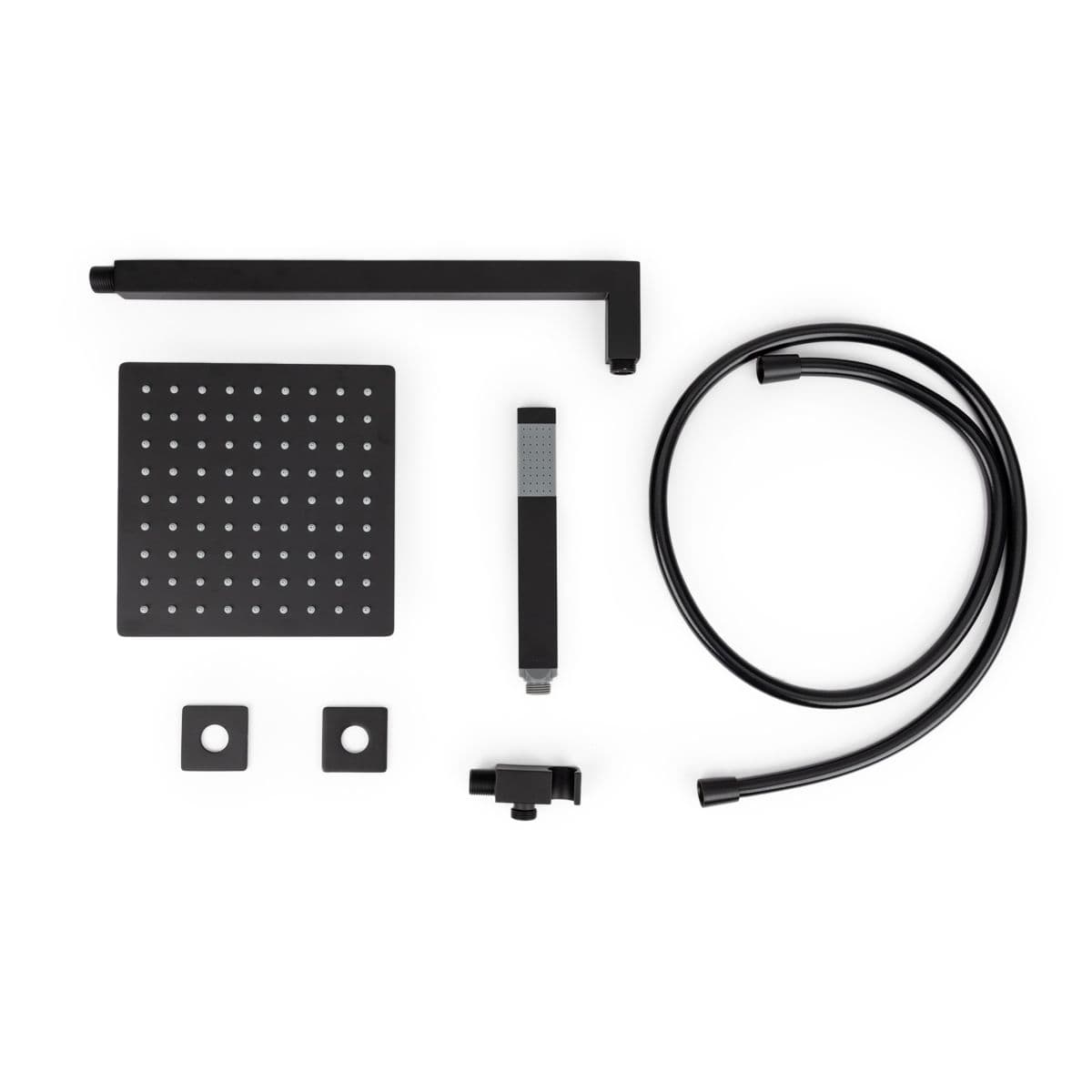 Set con soffione doccia 20x20 cm, braccio 40 cm e kit doccino squadrato nero opaco