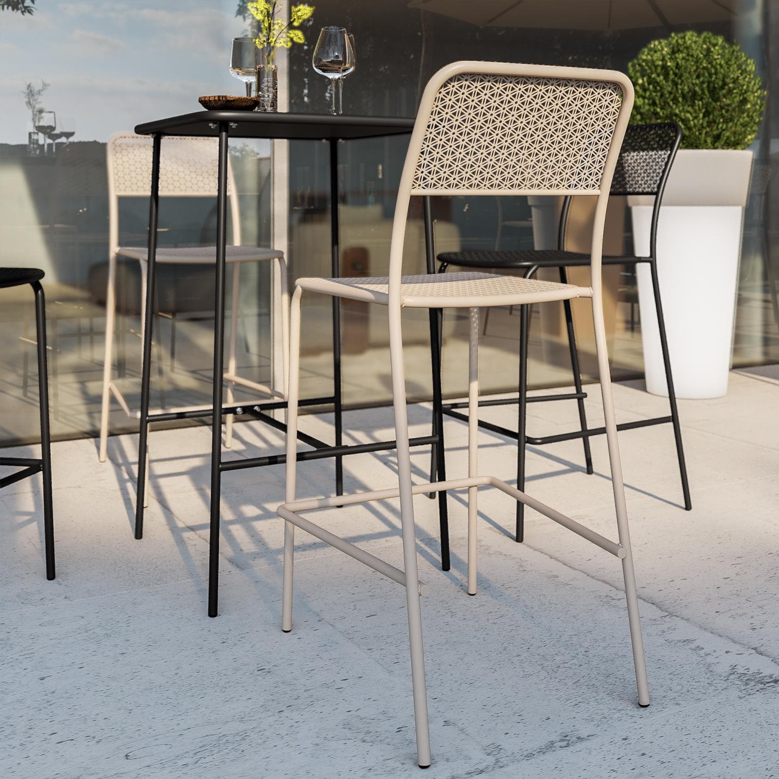 Set con tavolo alto 60x60 cm e 4 sgabelli in acciaio nero e tortora - Faber