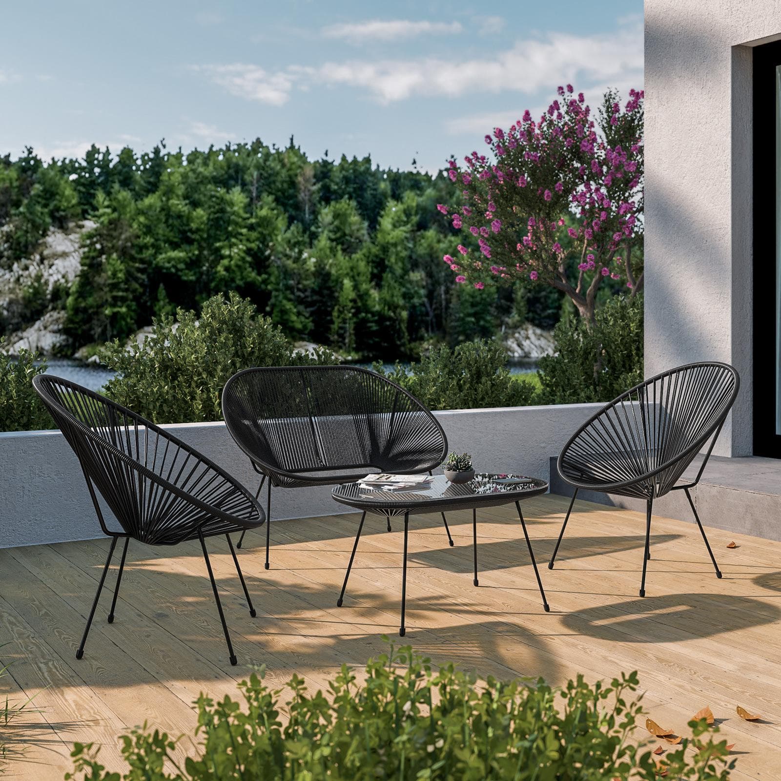 Set relax con divano 2 poltrone e tavolino 90x45 cm in metallo nero e corda nera - Kalimba