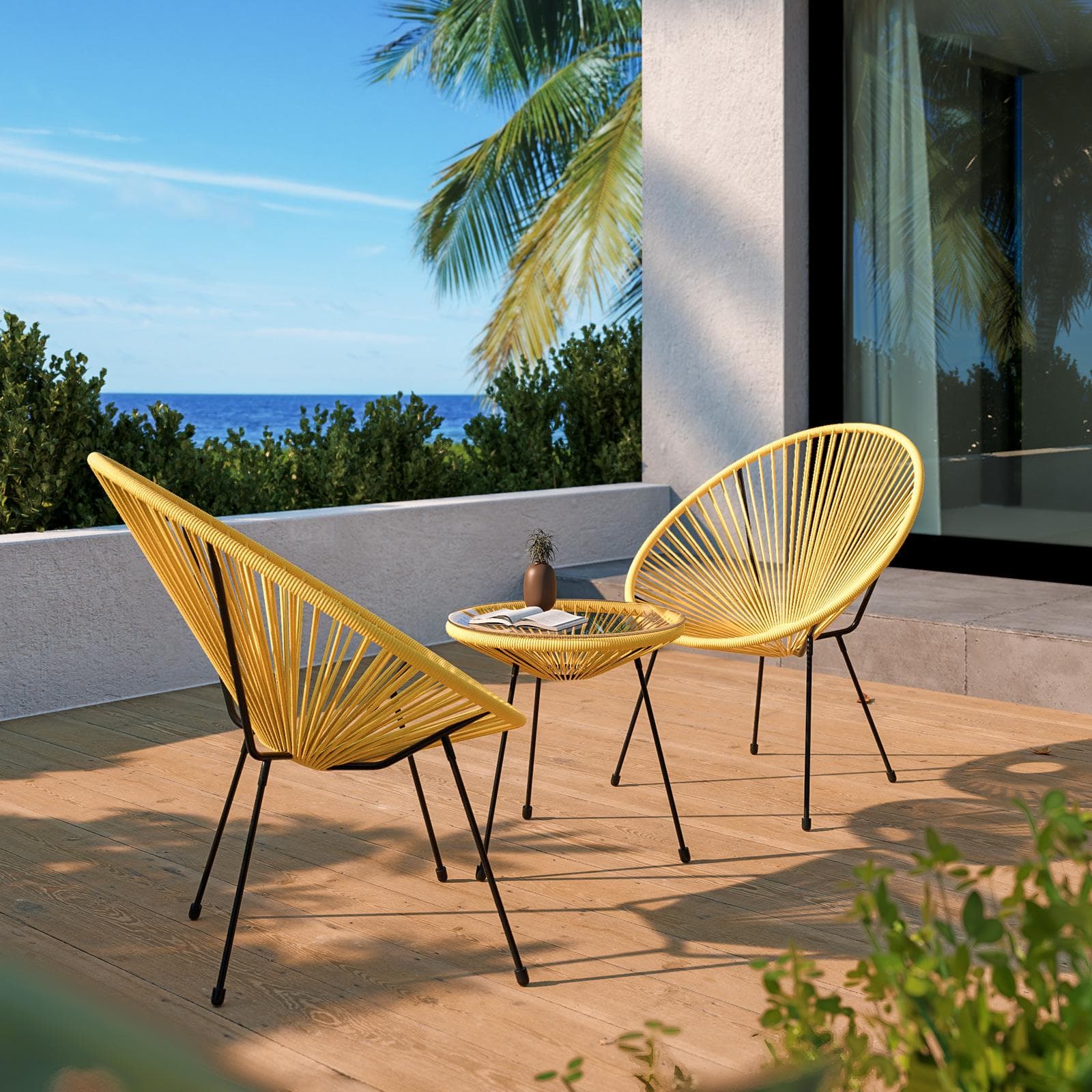 Set relax con 2 poltrone e tavolino rotondo 50 cm in metallo nero e corda gialla - Kalimba
