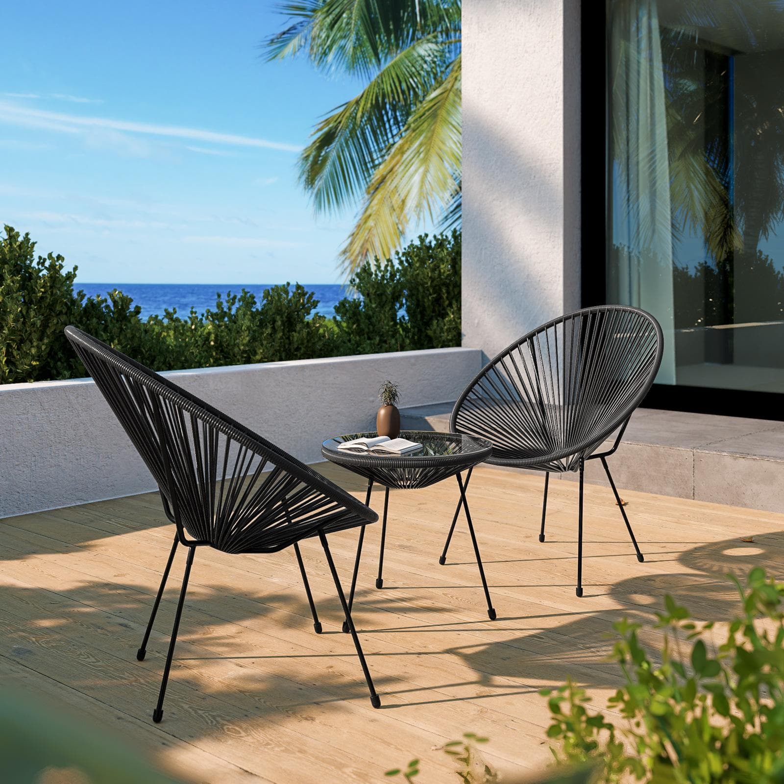 Set relax con 2 poltrone e tavolino rotondo 50 cm in metallo nero e corda nera - Kalimba