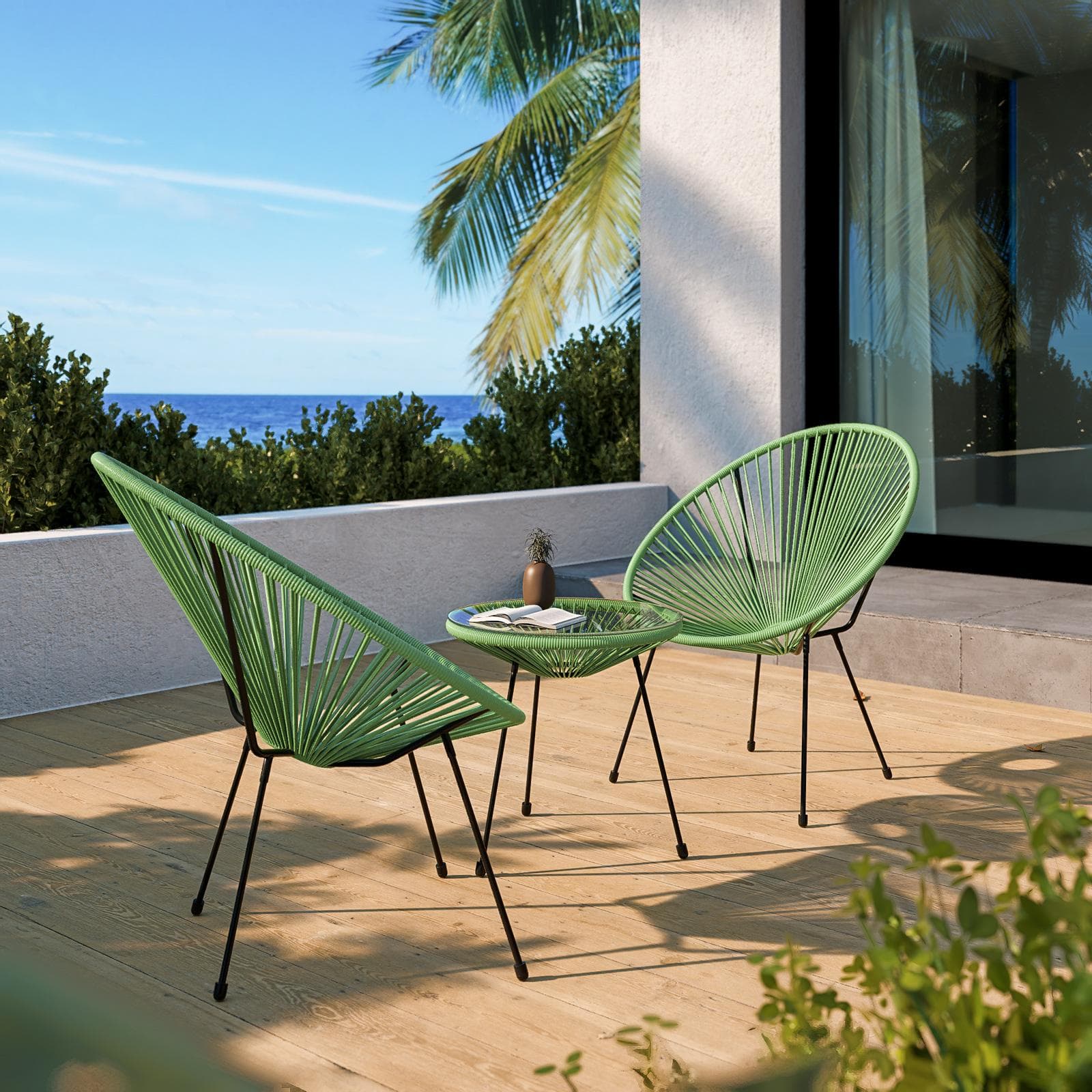 Set relax con 2 poltrone e tavolino rotondo 50 cm in metallo nero e corda verde - Kalimba