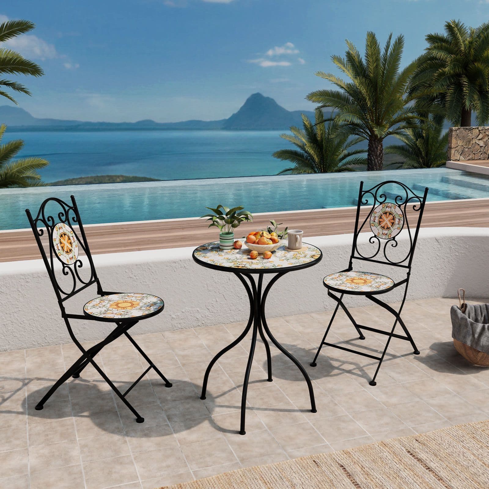 Set bistrot con tavolo rotondo 60 cm e 2 sedie con decorazione mosaico a fiori arancio - Otranto