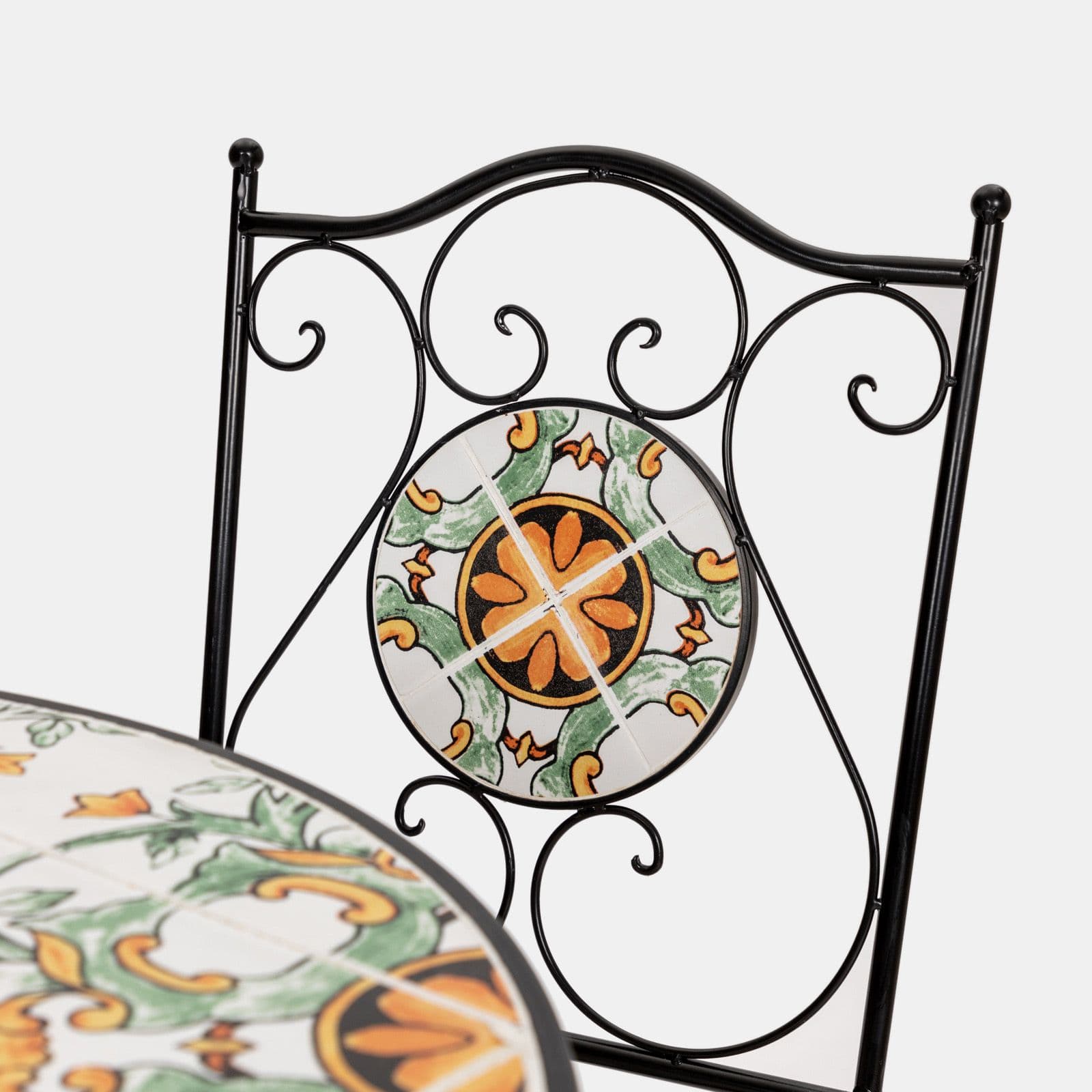 Set bistrot con tavolo rotondo 60 cm e 2 sedie con decorazione mosaico a fiori arancio - Otranto