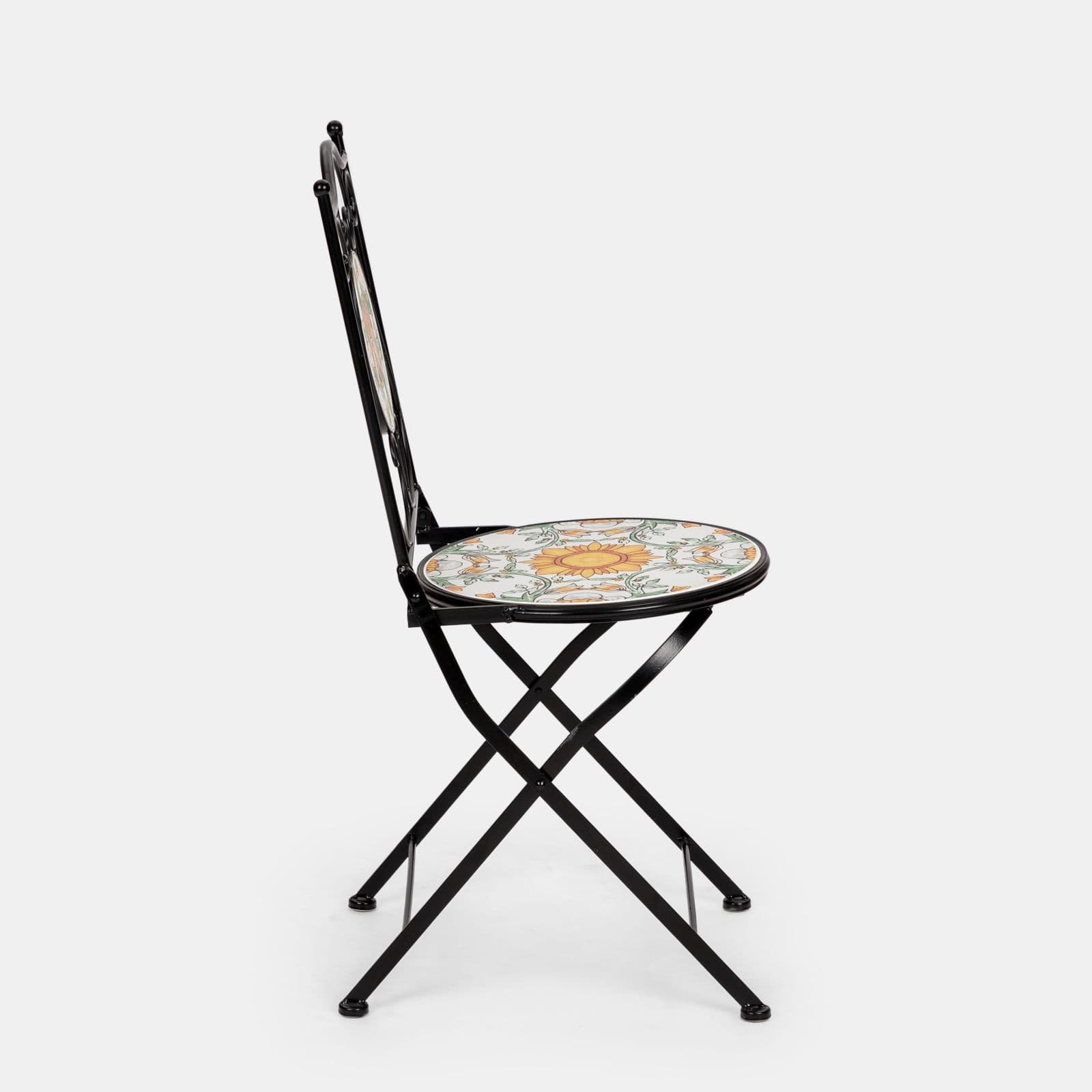 Set bistrot con tavolo rotondo 60 cm e 2 sedie con decorazione mosaico a fiori arancio - Otranto