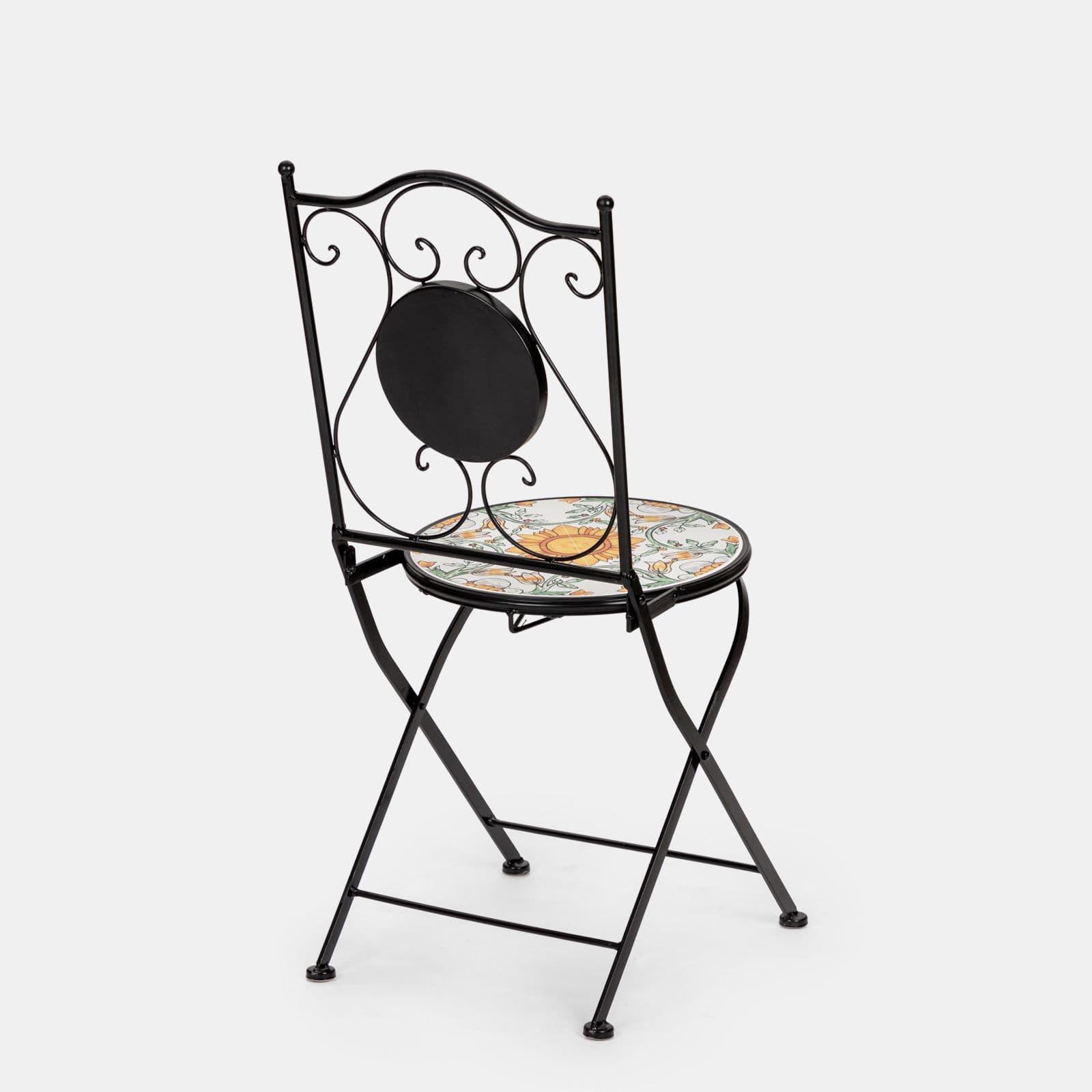 Set bistrot con tavolo rotondo 60 cm e 2 sedie con decorazione mosaico a fiori arancio - Otranto