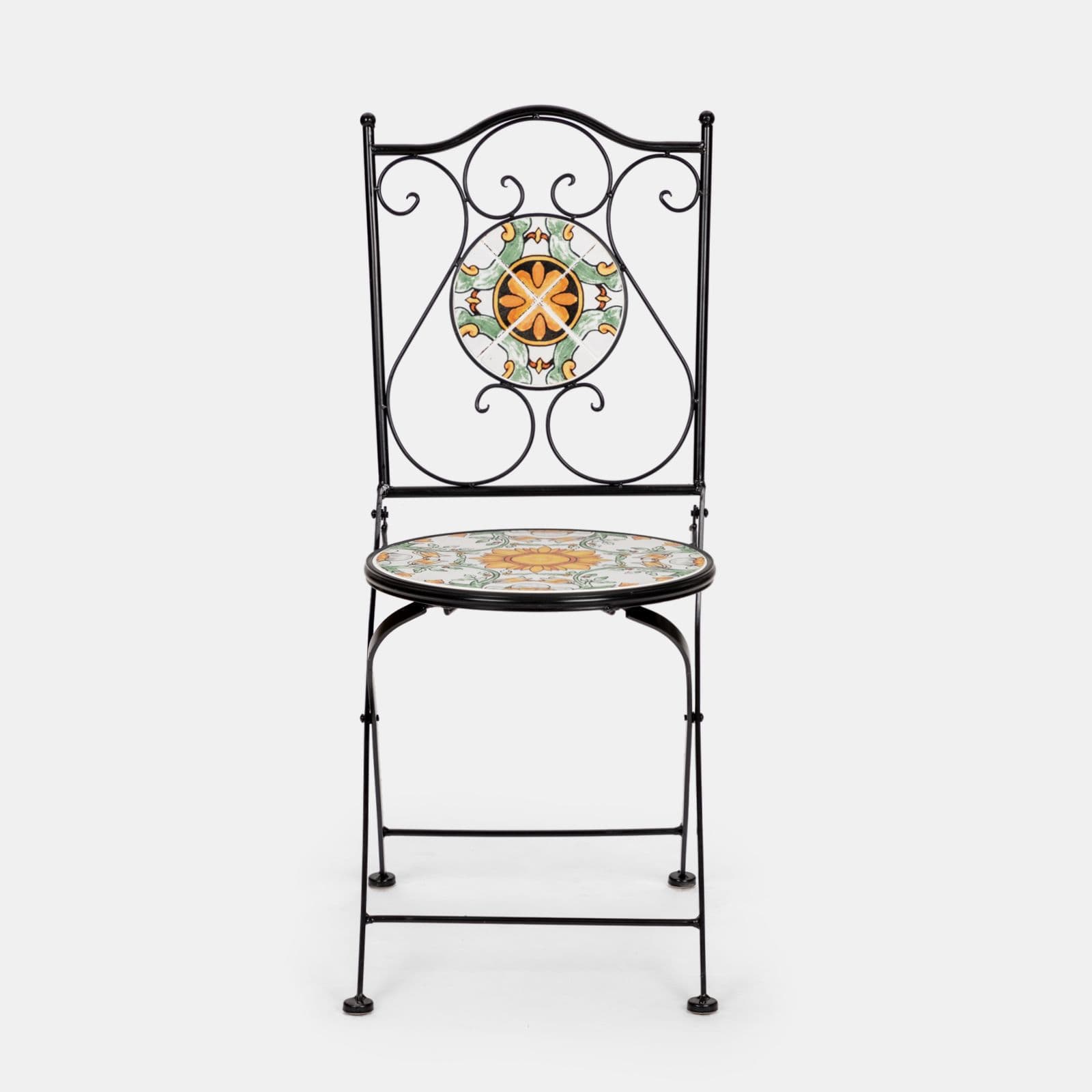 Set bistrot con tavolo rotondo 60 cm e 2 sedie con decorazione mosaico a fiori arancio - Otranto