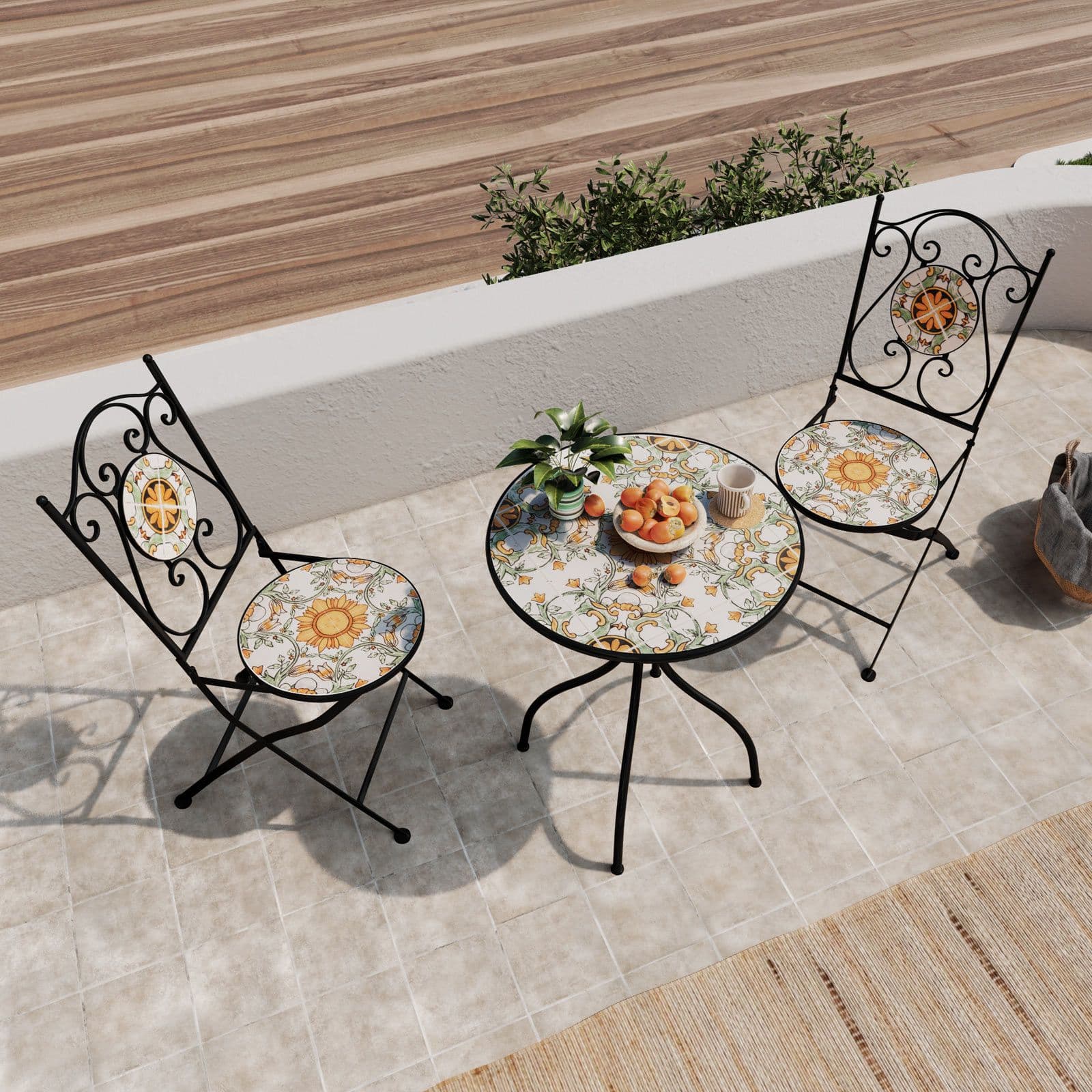 Set bistrot con tavolo rotondo 60 cm e 2 sedie con decorazione mosaico a fiori arancio - Otranto