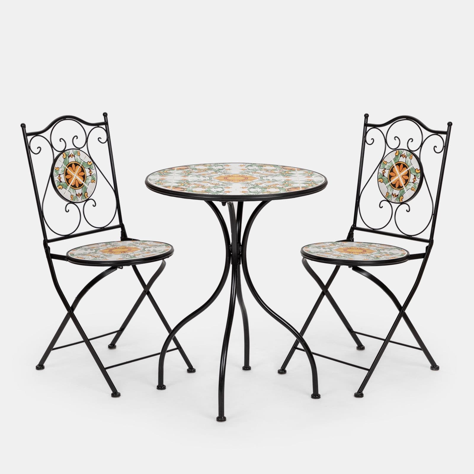 Set bistrot con tavolo rotondo 60 cm e 2 sedie con decorazione mosaico a fiori arancio - Otranto