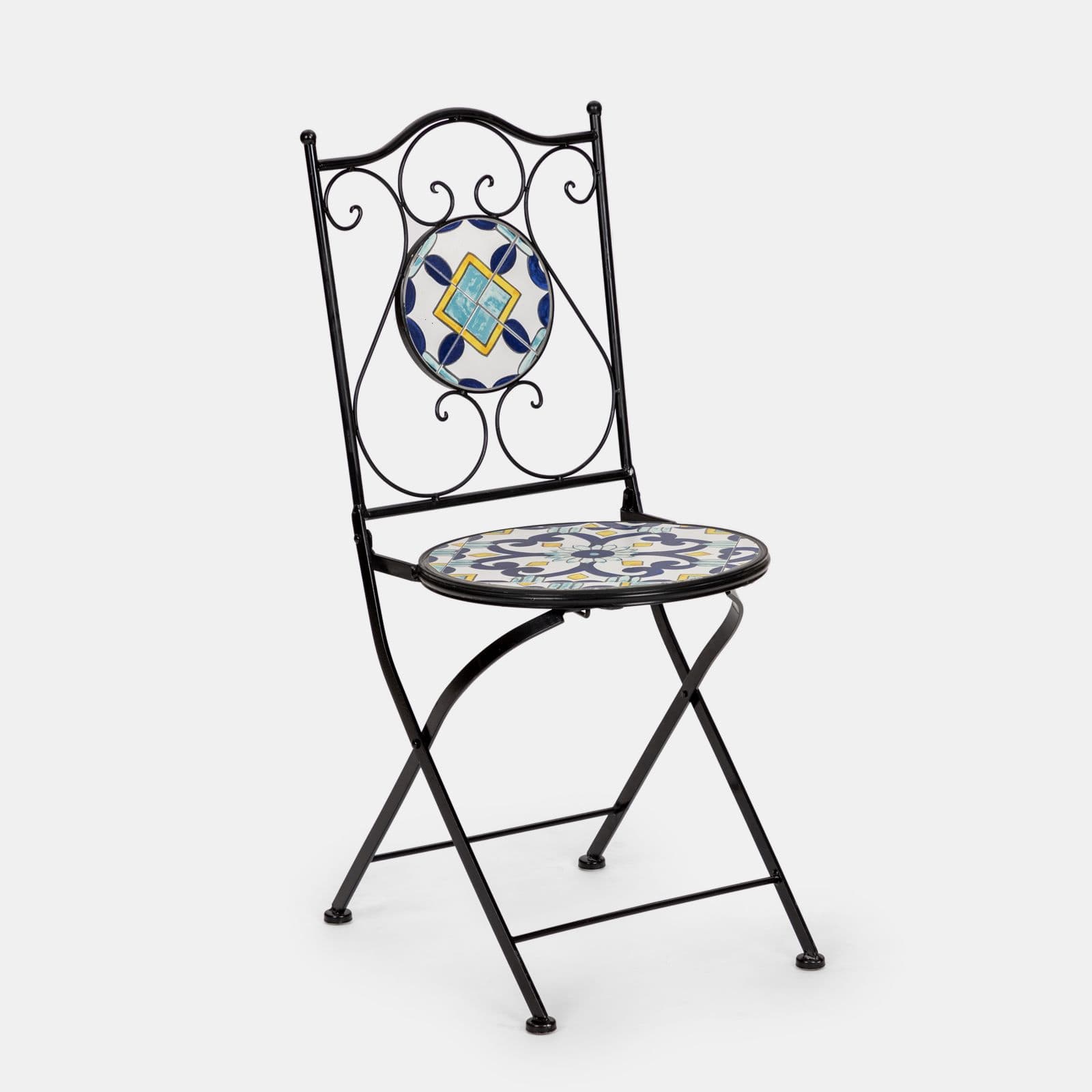Set bistrot con tavolo rotondo 60 cm e 2 sedie con decorazione mosaico a fiori blu - Otranto