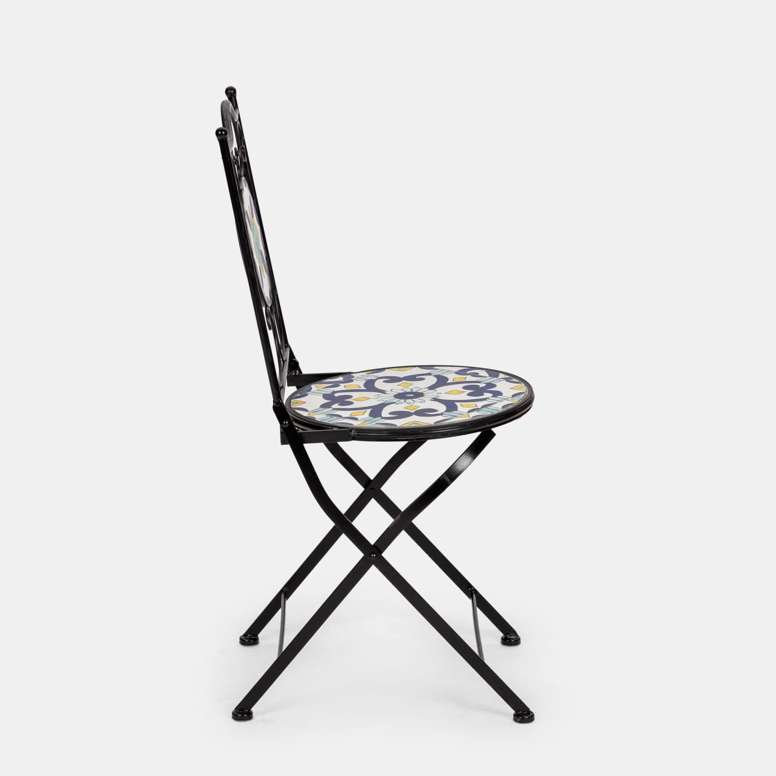 Set bistrot con tavolo rotondo 60 cm e 2 sedie con decorazione mosaico a fiori blu - Otranto