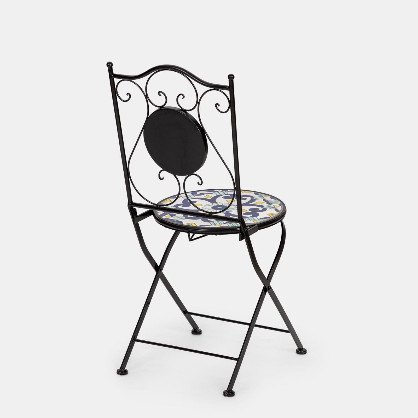 Set bistrot con tavolo rotondo 60 cm e 2 sedie con decorazione mosaico a fiori blu - Otranto