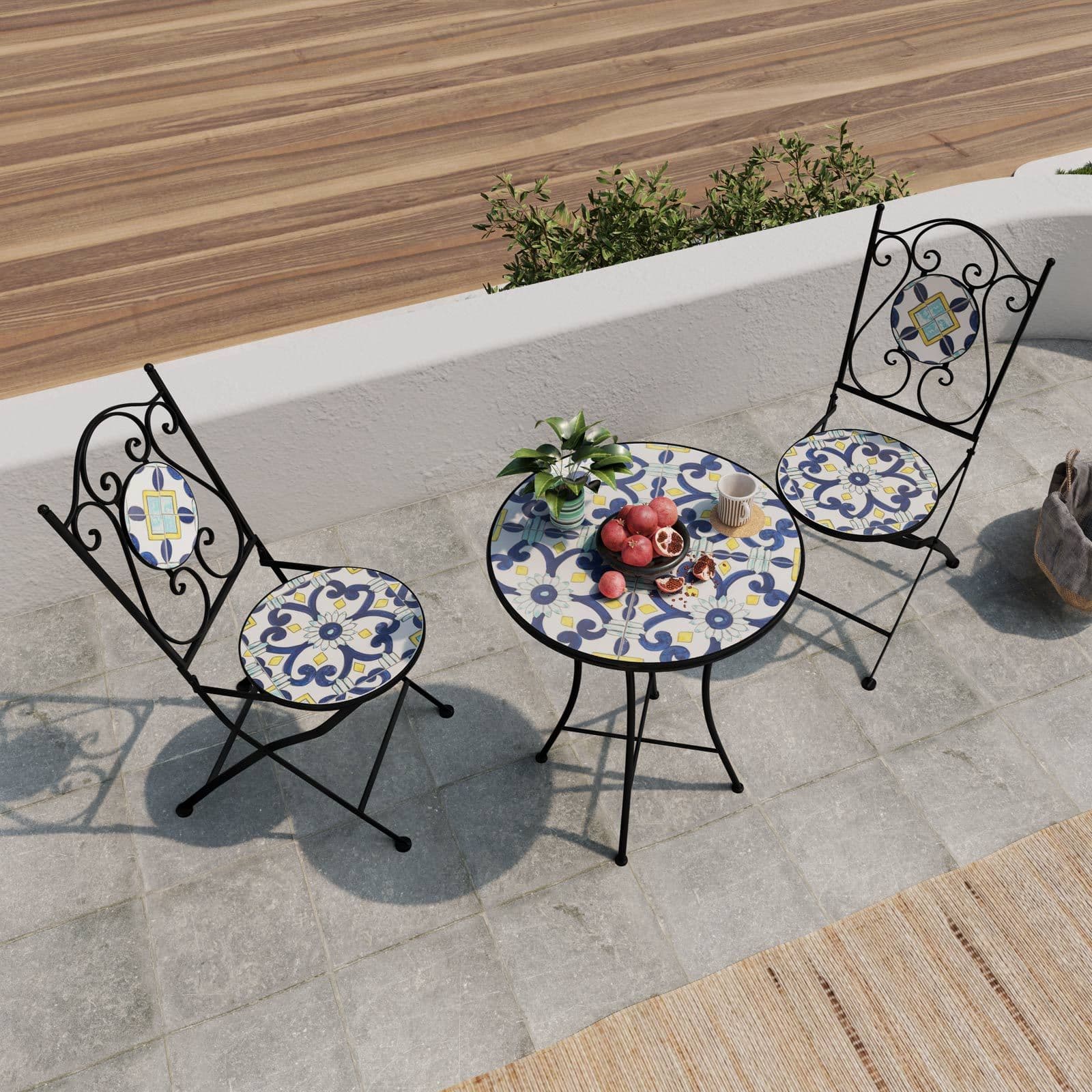 Set bistrot con tavolo rotondo 60 cm e 2 sedie con decorazione mosaico a fiori blu - Otranto