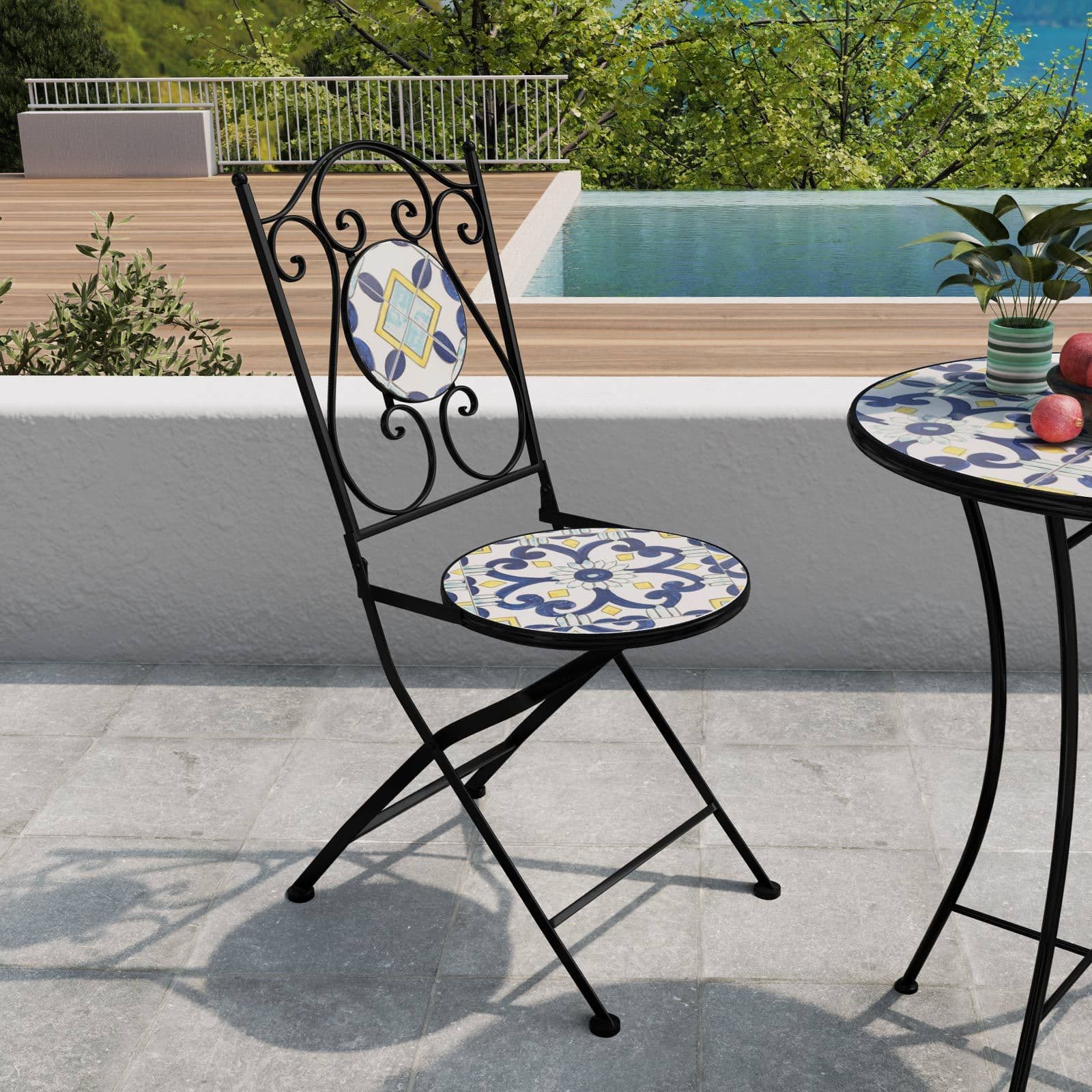 Set bistrot con tavolo rotondo 60 cm e 2 sedie con decorazione mosaico a fiori blu - Otranto