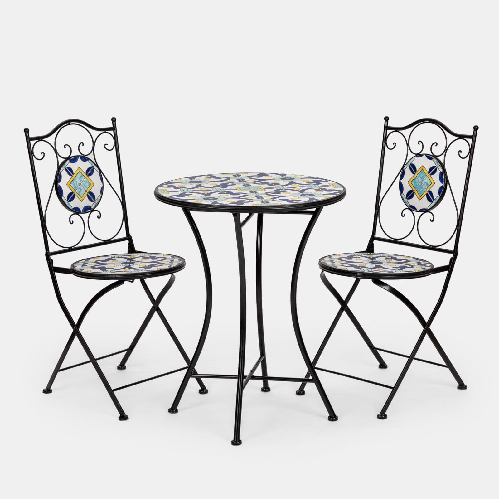 Set bistrot con tavolo rotondo 60 cm e 2 sedie con decorazione mosaico a fiori blu - Otranto
