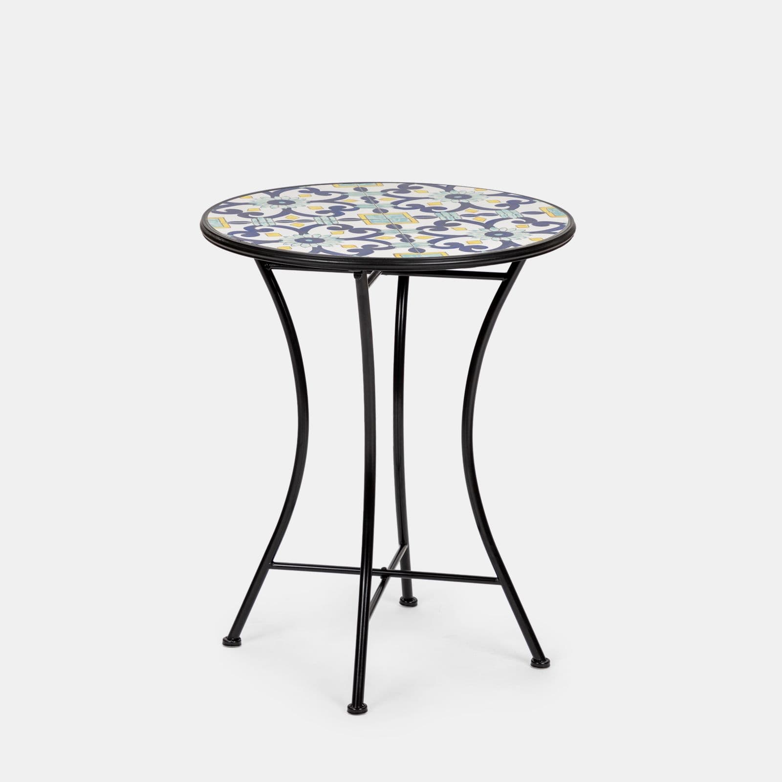 Set bistrot con tavolo rotondo 60 cm e 2 sedie con decorazione mosaico a fiori blu - Otranto