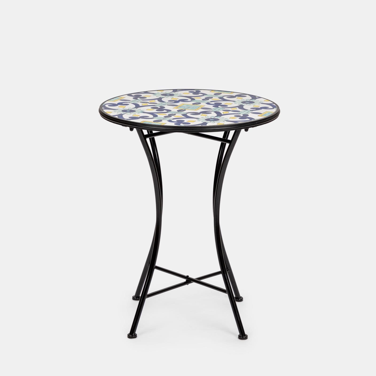 Set bistrot con tavolo rotondo 60 cm e 2 sedie con decorazione mosaico a fiori blu - Otranto