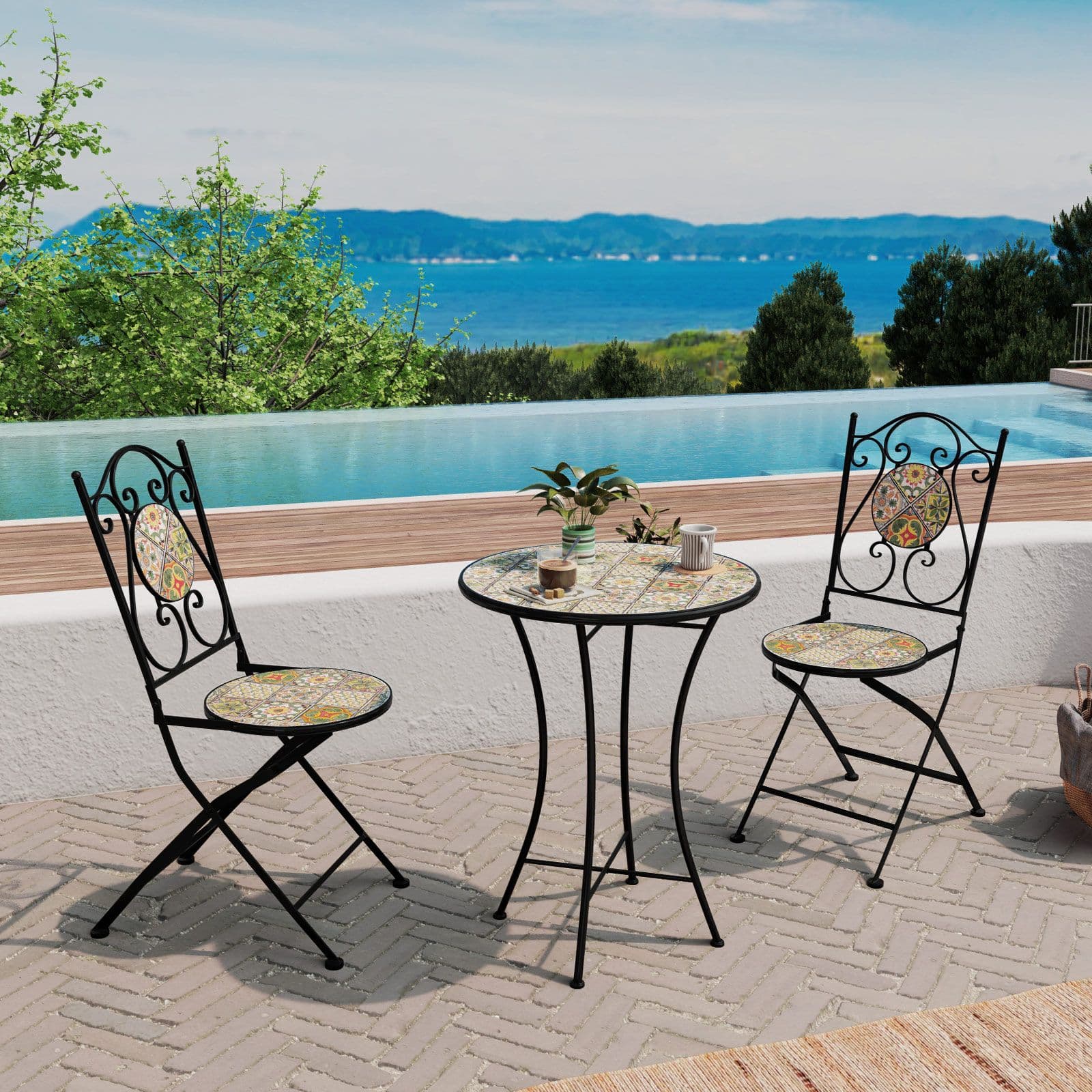 Set bistrot con tavolo rotondo 60 cm e 2 sedie con decorazione mosaico a fiori toni del verde - Otranto