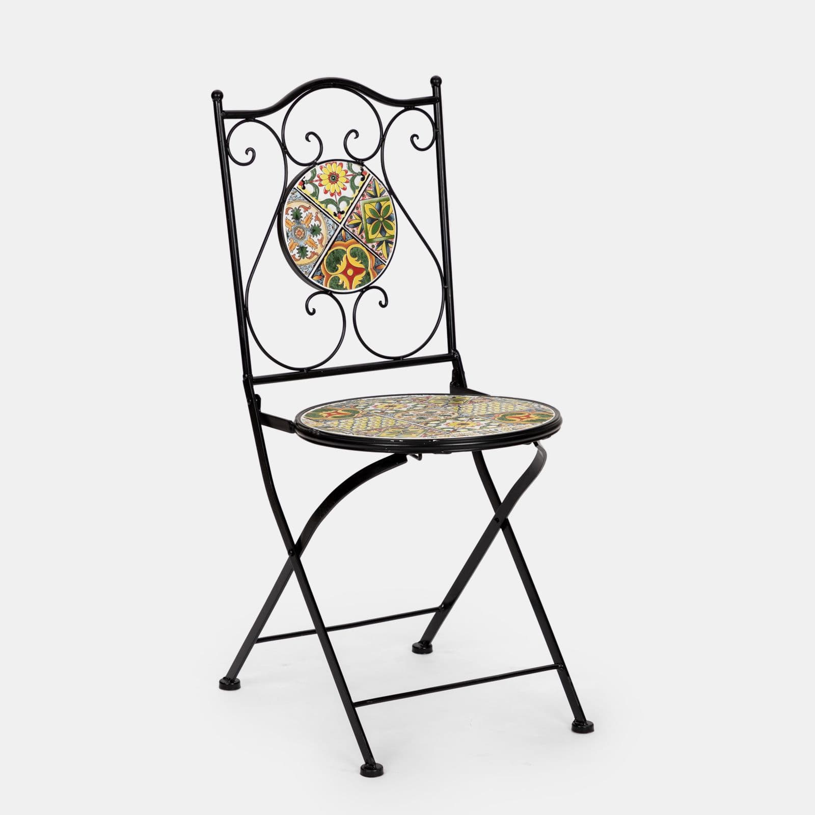 Set bistrot con tavolo rotondo 60 cm e 2 sedie con decorazione mosaico a fiori toni del verde - Otranto