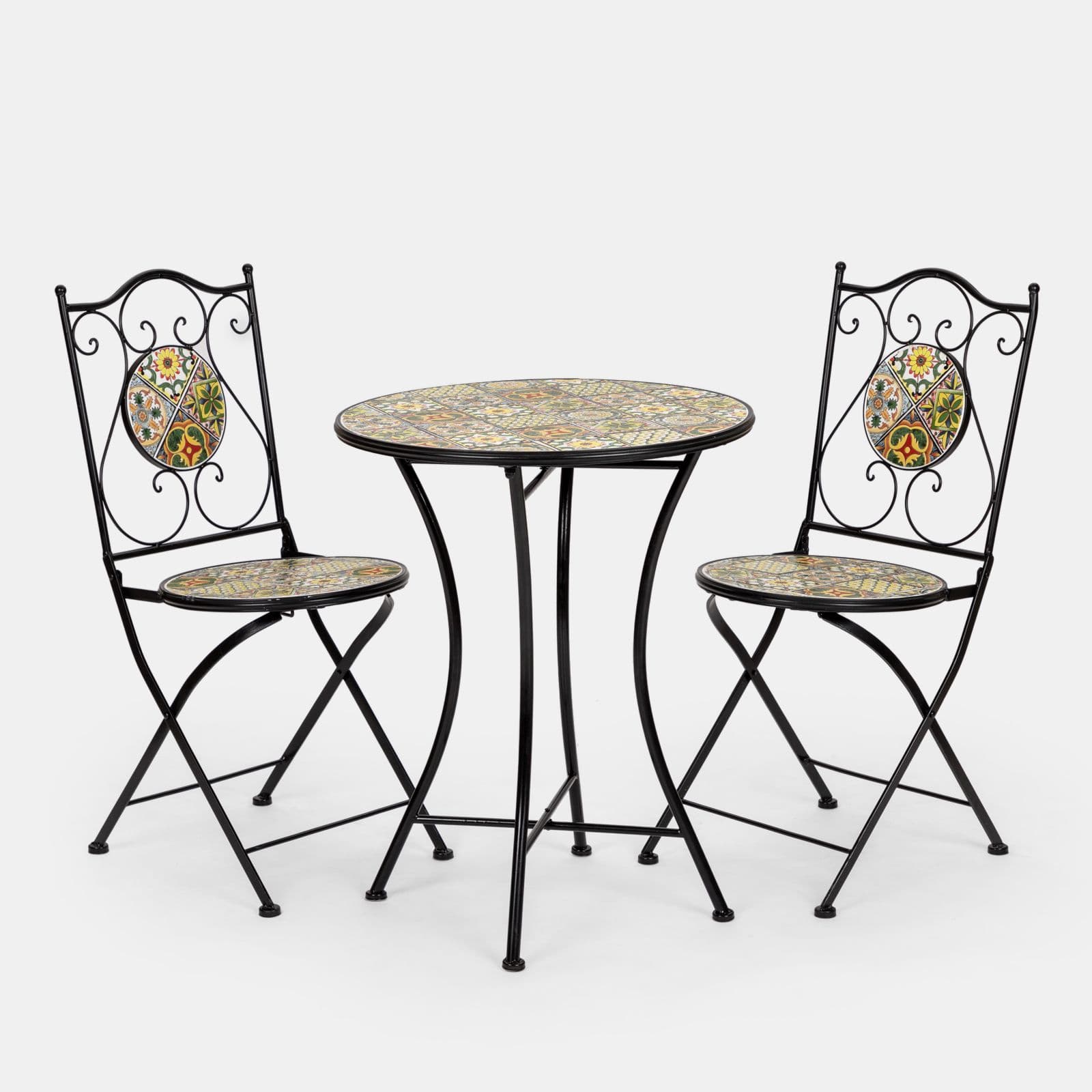Set bistrot con tavolo rotondo 60 cm e 2 sedie con decorazione mosaico a fiori toni del verde - Otranto