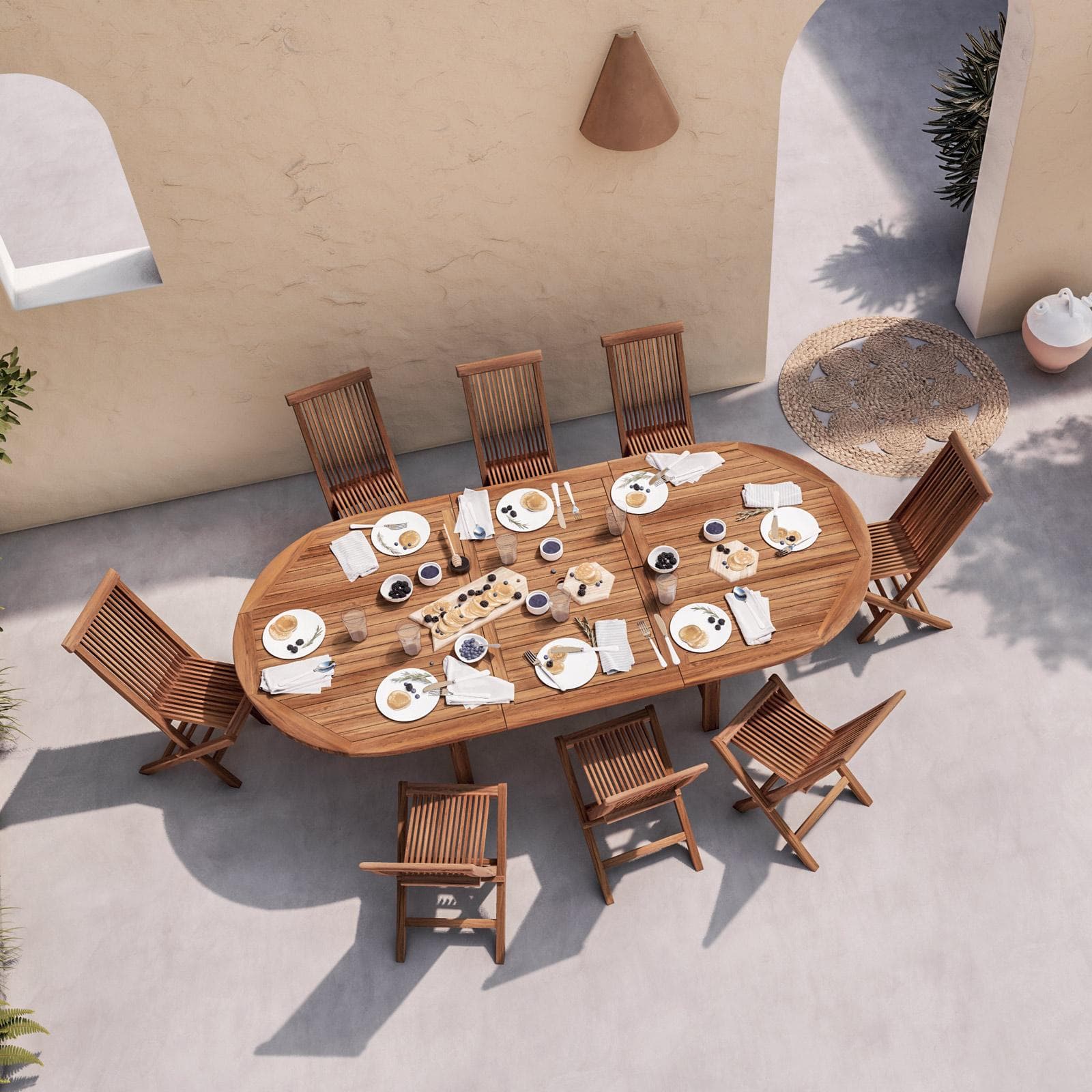 Set pranzo tavolo ovale allungabile 180/240x120 cm e 8 sedie in legno teak - Louis