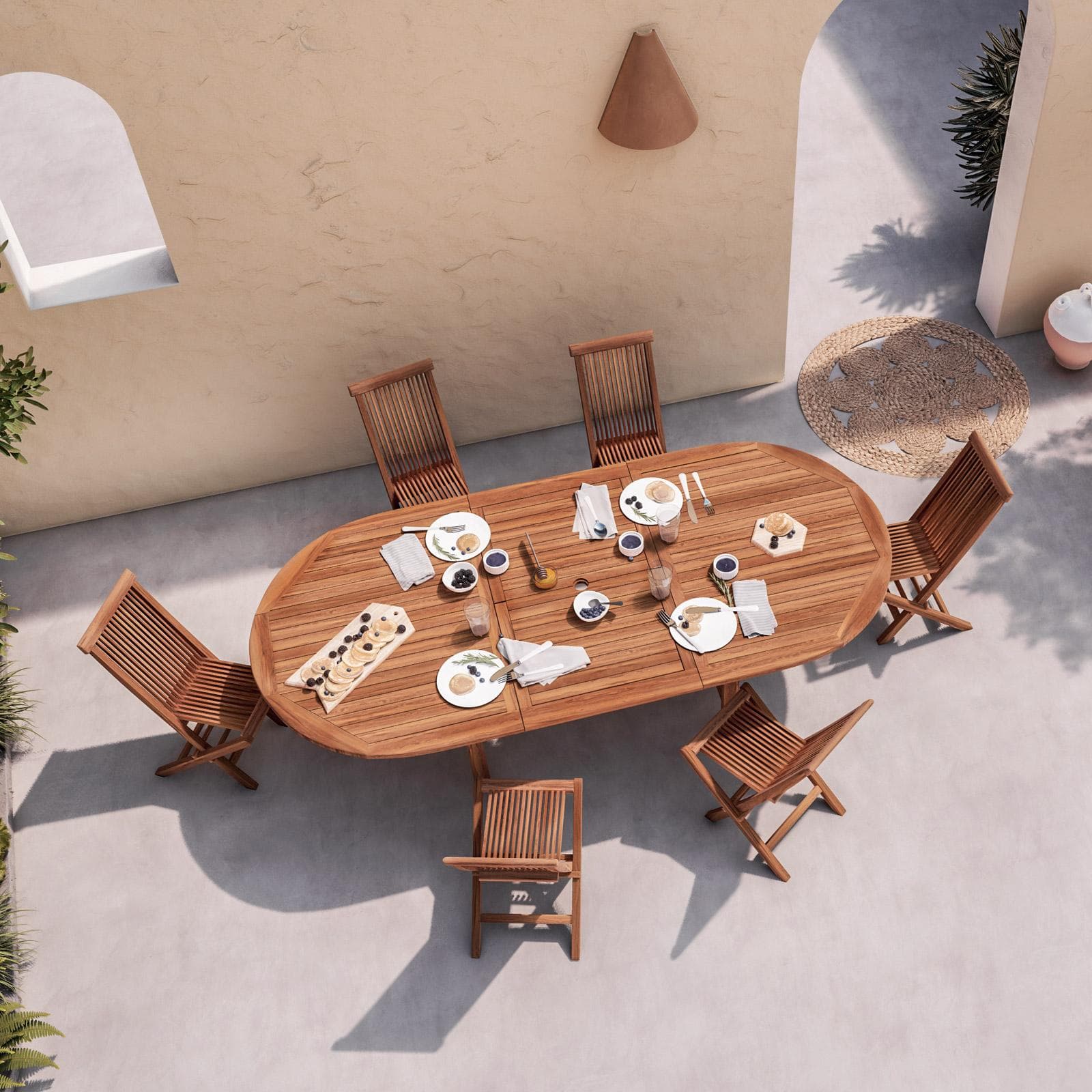 Set pranzo tavolo ovale allungabile 180/240x120 cm e 6 sedie in legno teak - Louis