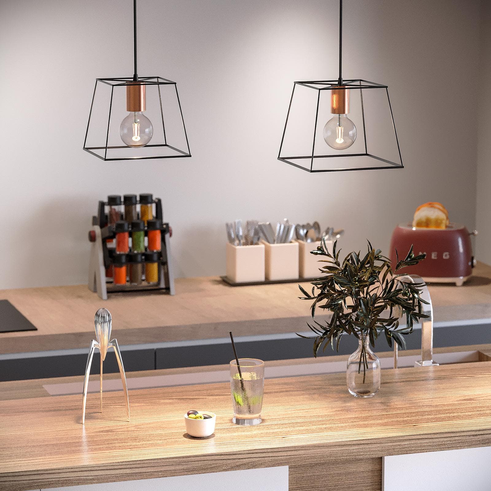 Set di 2 lampade a sospensione in metallo nero e portalampade in rame