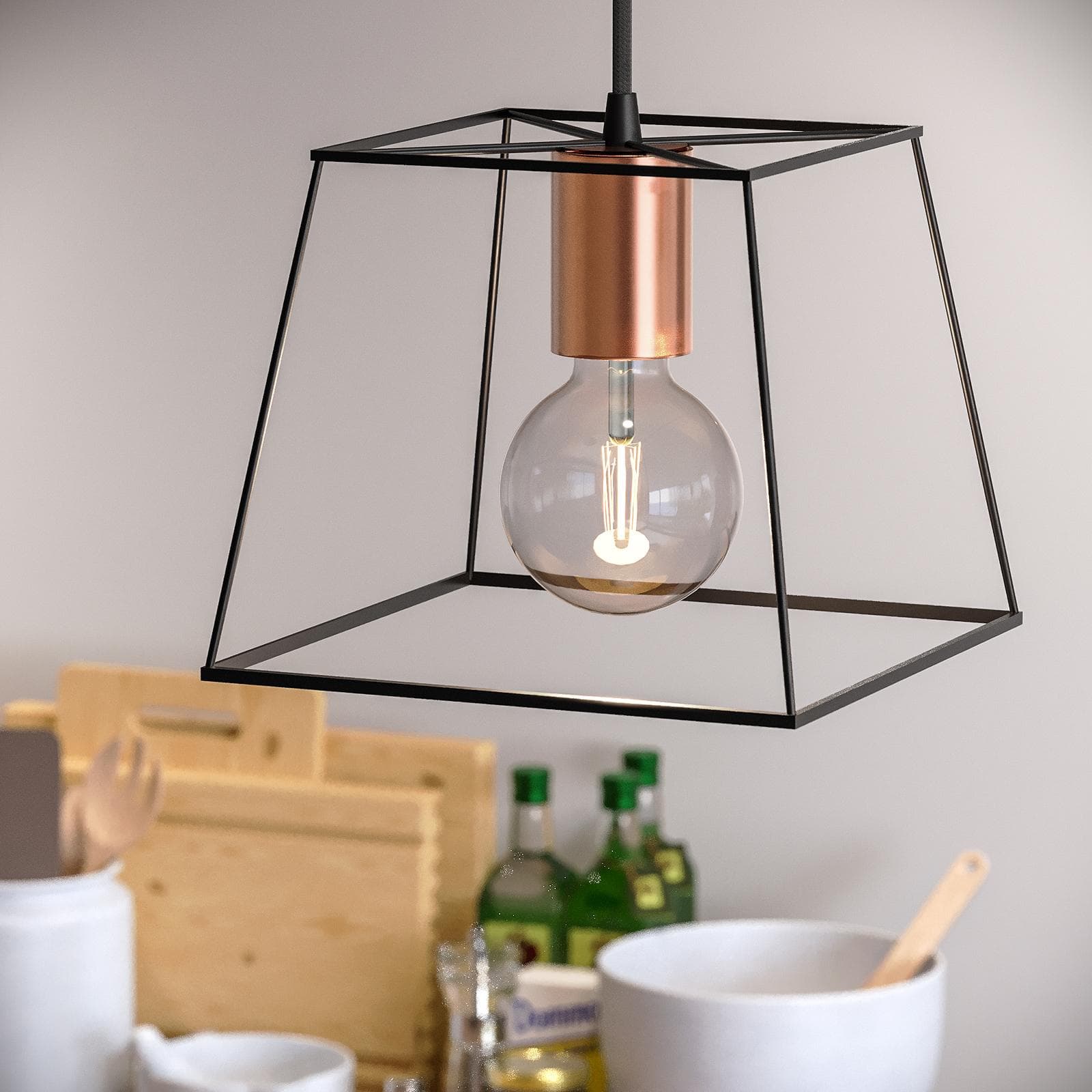 Set di 2 lampade a sospensione in metallo nero e portalampade in rame