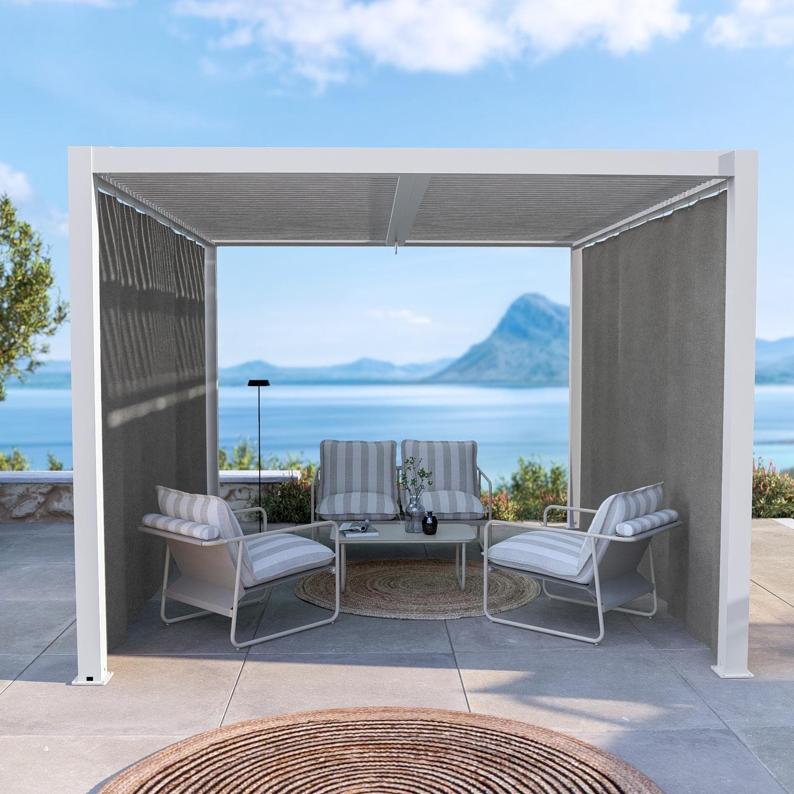 Set di 2 tende laterali per lato da 3,6 m per gazebo bioclimatico 3x3,6 m grigio