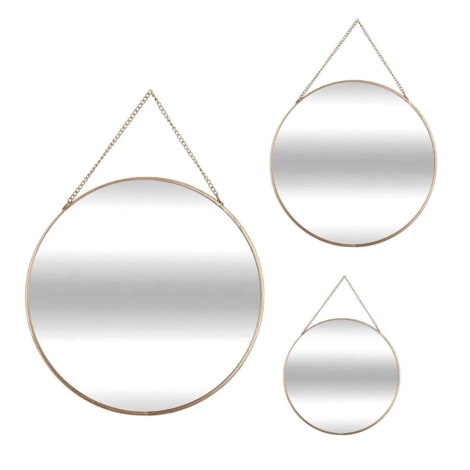 Set di 3 specchi tondi in vetro con cornice dorata