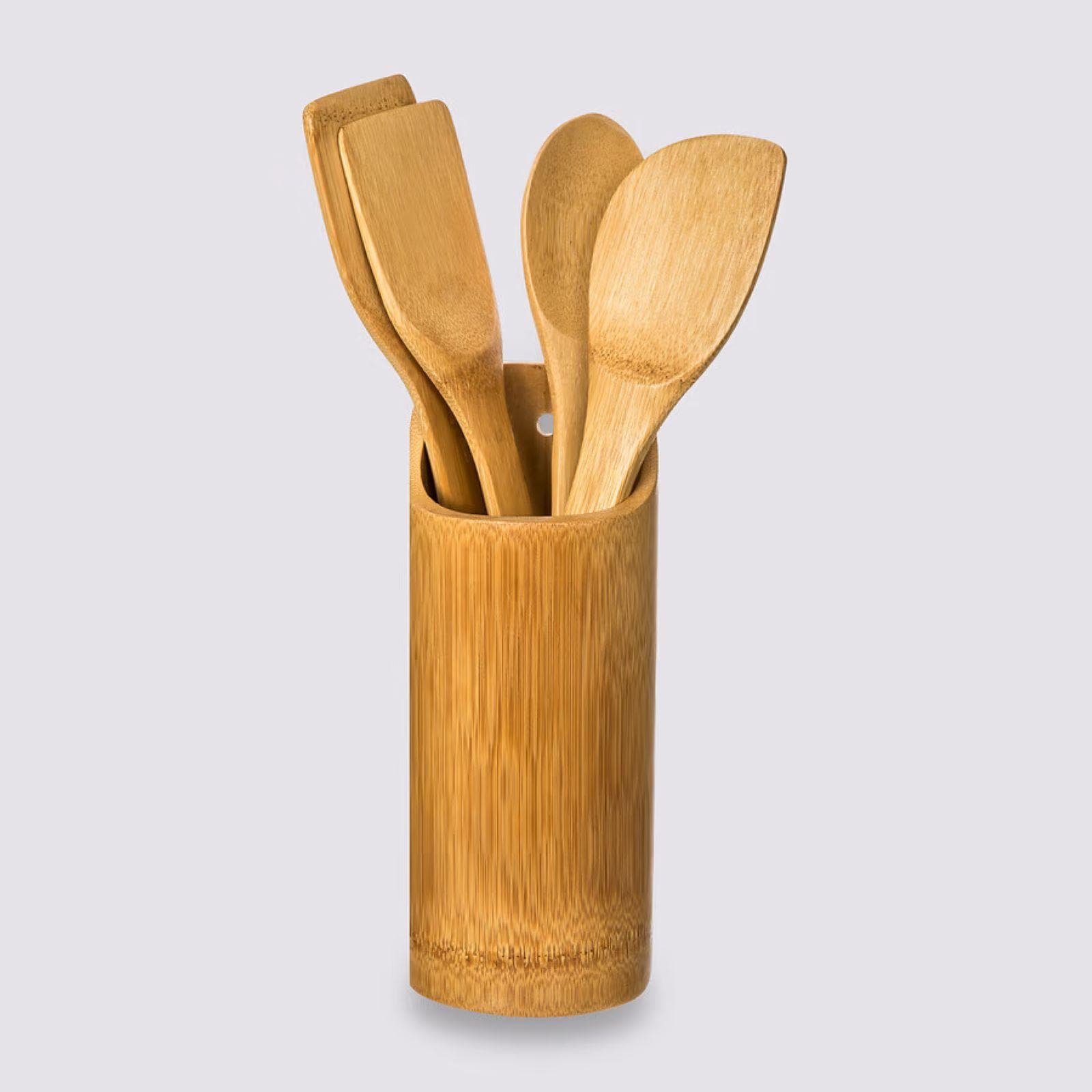 Set 4 utensili da cucina in legno di bambù naturale con contenitore