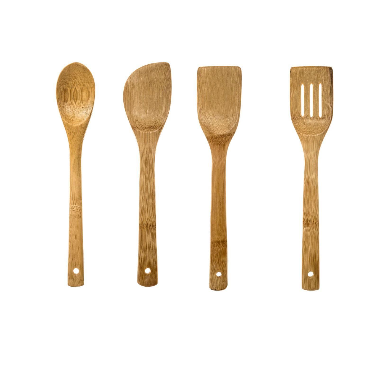Set 4 utensili da cucina in legno di bambù naturale con contenitore