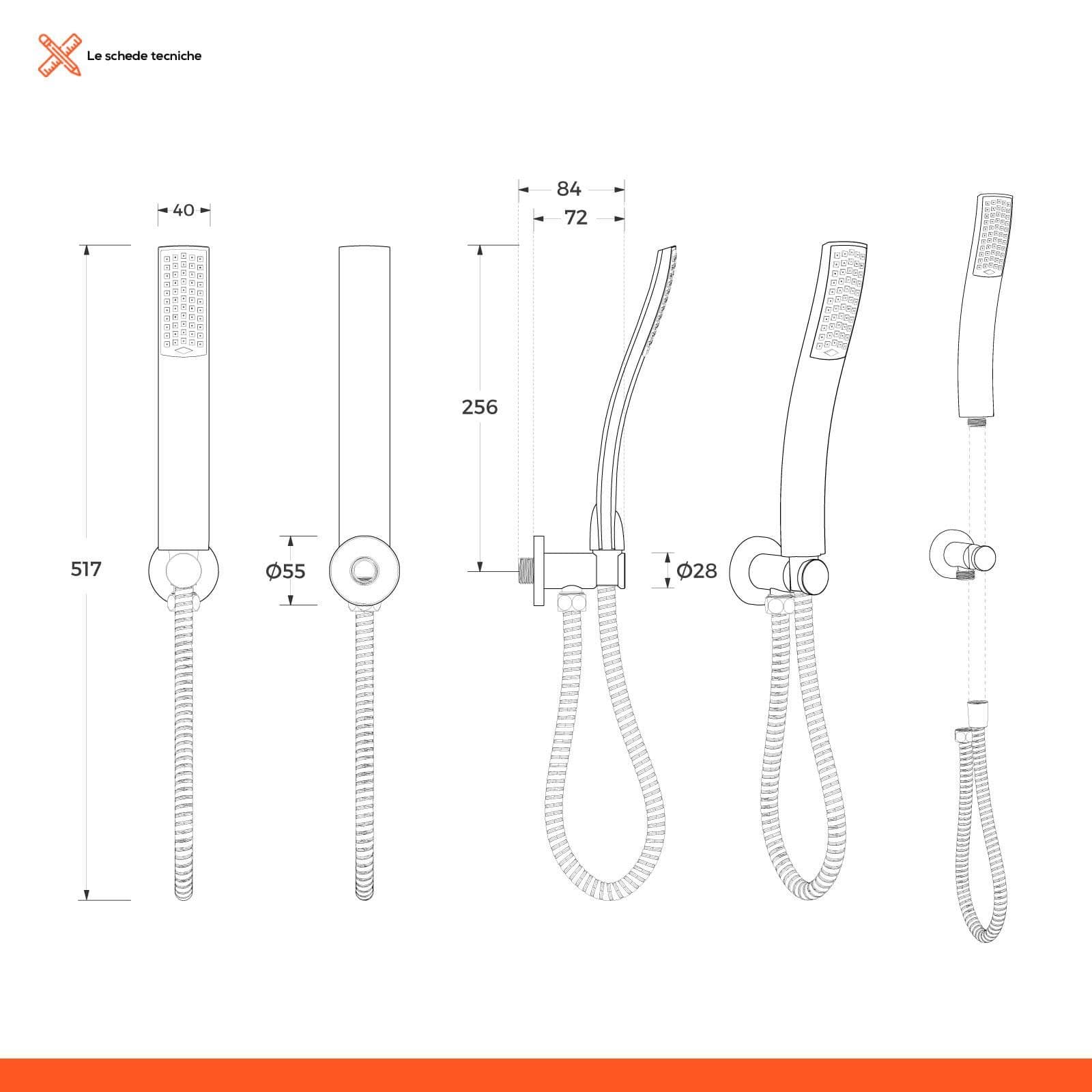 Set doccia completo braccio 40 cm soffione 25x25 cm doccino e flessibile