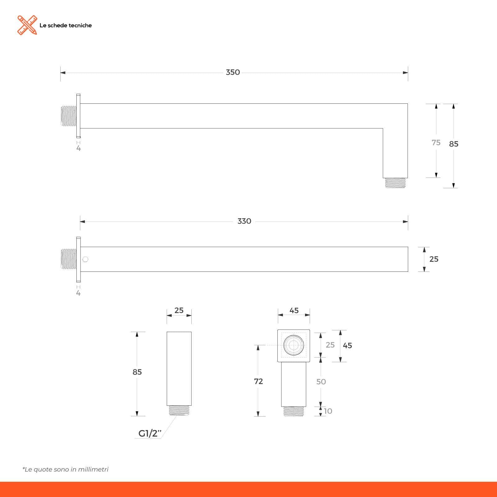 Set doccia con soffione 20x20 cm, braccio doccia 35 cm e kit doccino nero opaco