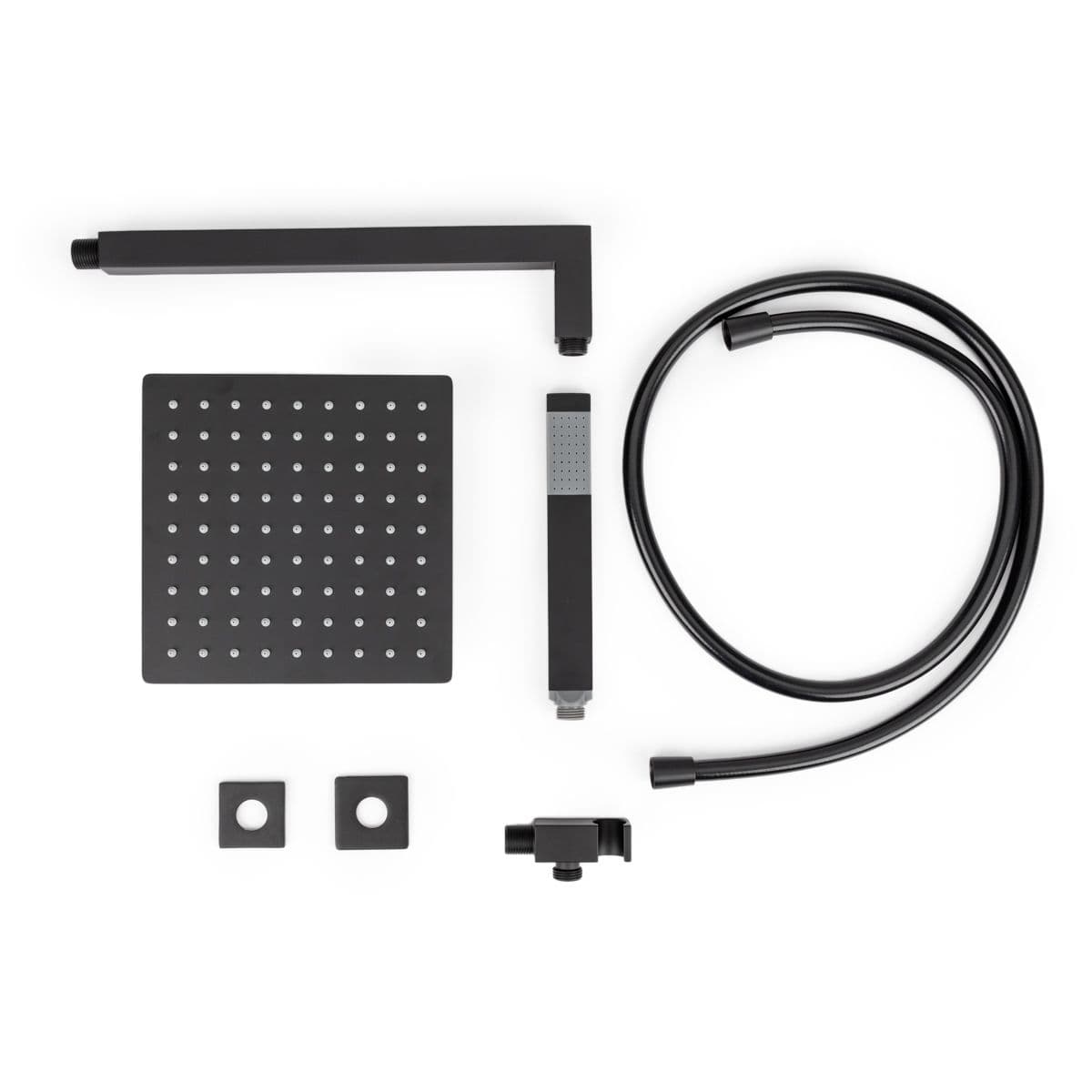 Set doccia con soffione 20x20 cm, braccio doccia 35 cm e kit doccino nero opaco