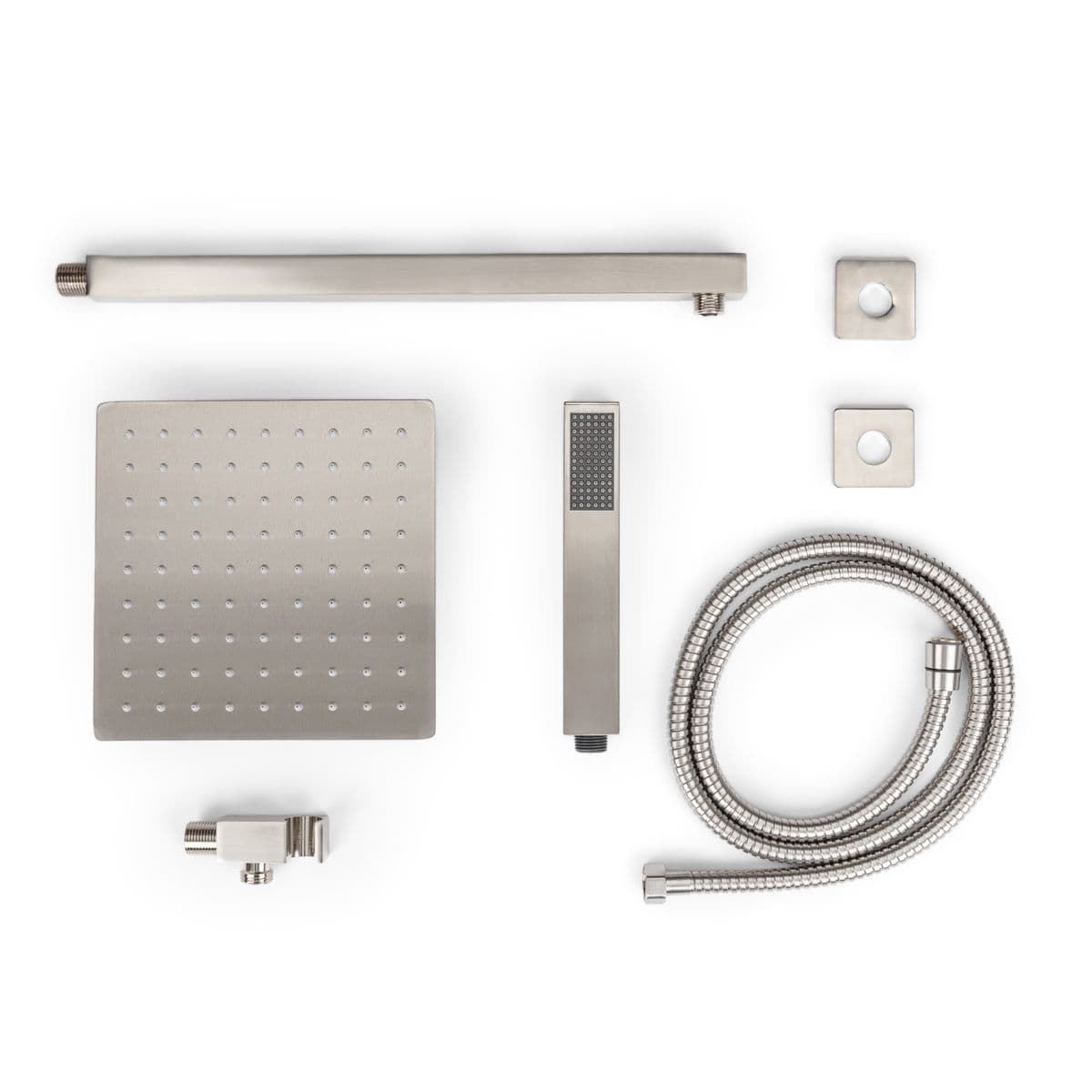 Set doccia con soffione 20x20 cm con braccio quadrato 40 cm e kit doccino spazzolato