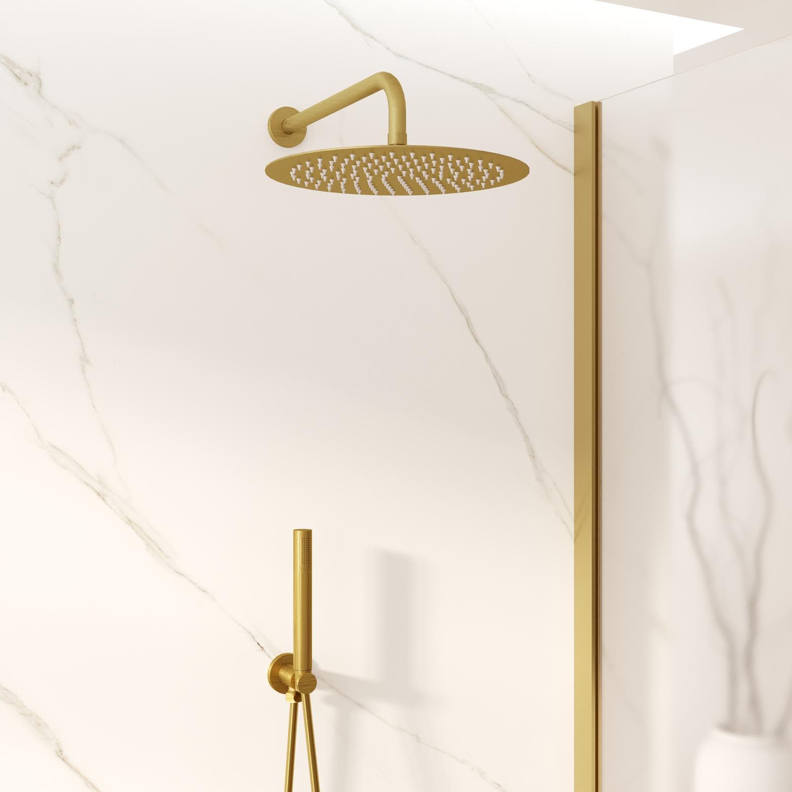 Set doccia con soffione 30 cm, braccio 35 cm e kit doccino oro spazzolato