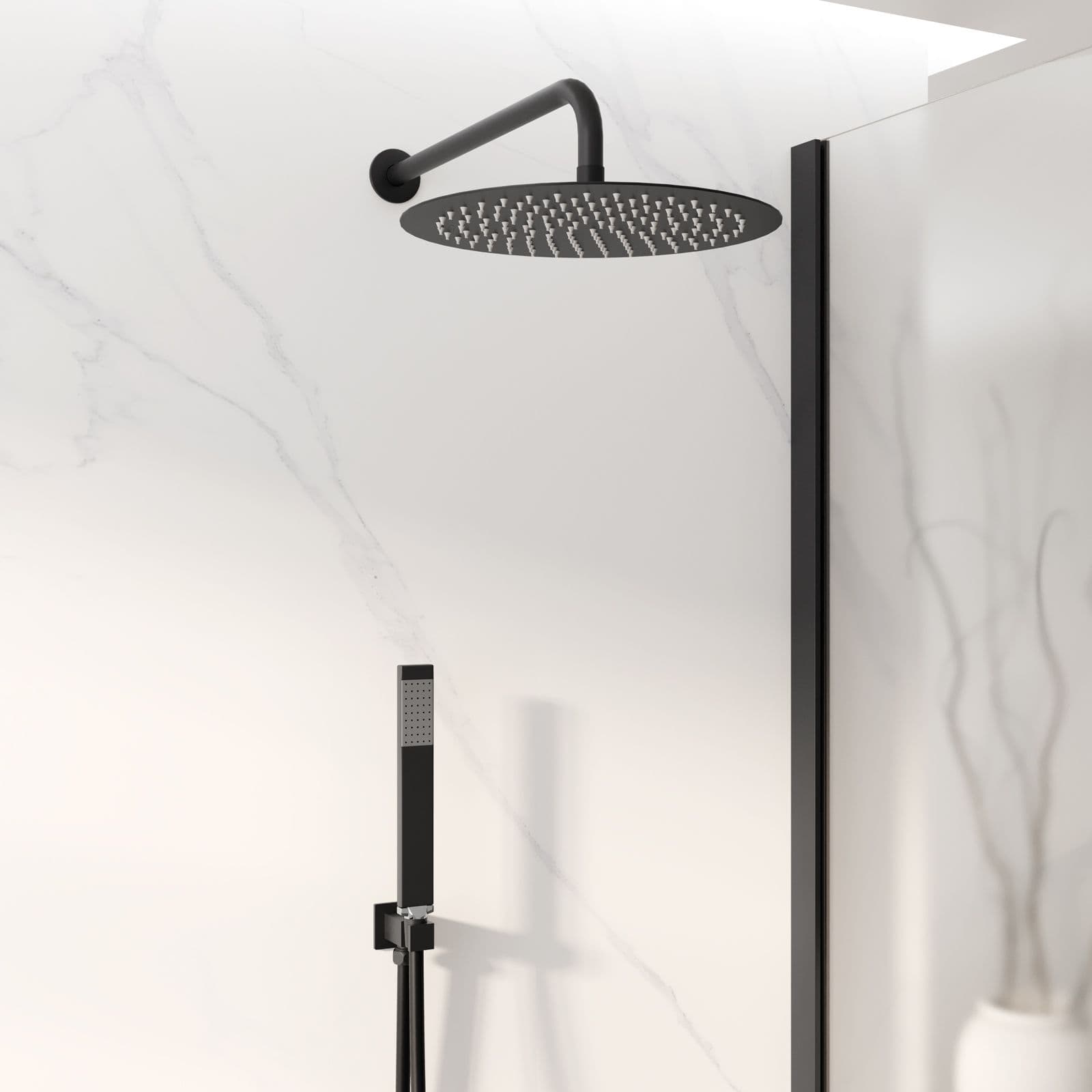 Set doccia con soffione 30 cm, braccio 40 cm e kit doccino nero opaco