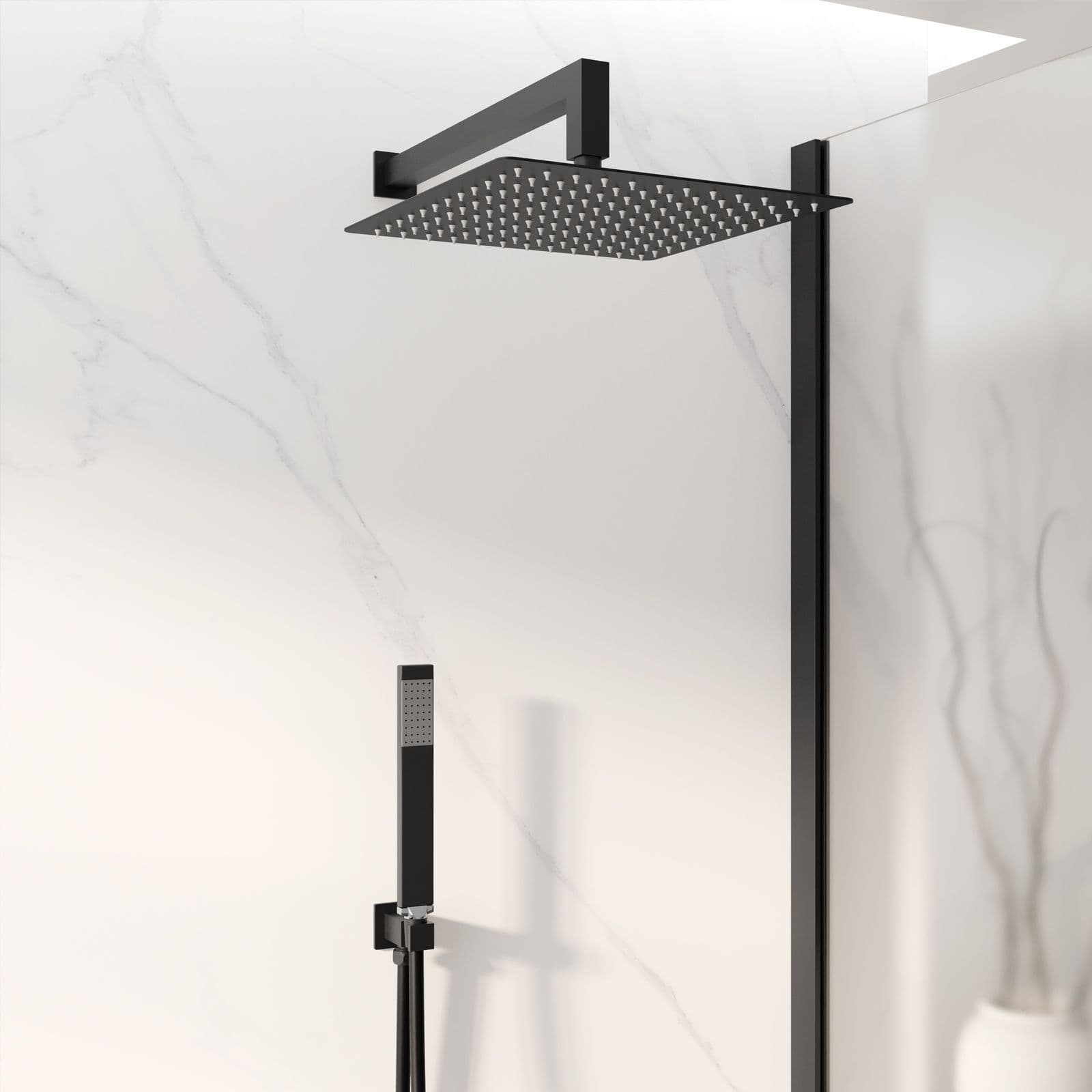 Set doccia con soffione 30x30 cm, braccio doccia 40 cm e kit doccino nero opaco
