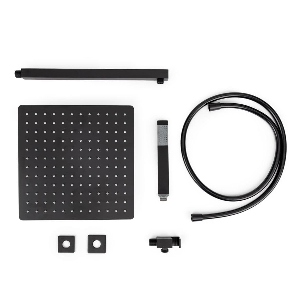 Set doccia con soffione 30x30 cm, braccio quadrato 40 cm e kit doccino nero opaco